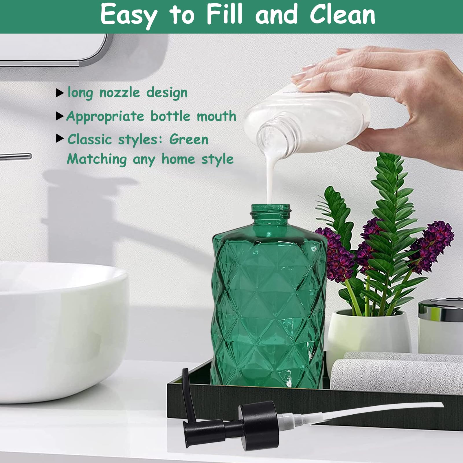 Green Bathroom Soap Dispenser Set With Black Plastic Pump, 12Oz Glass Lotion Dispenser, Crystal Hand Soap Dispenser For Modern H