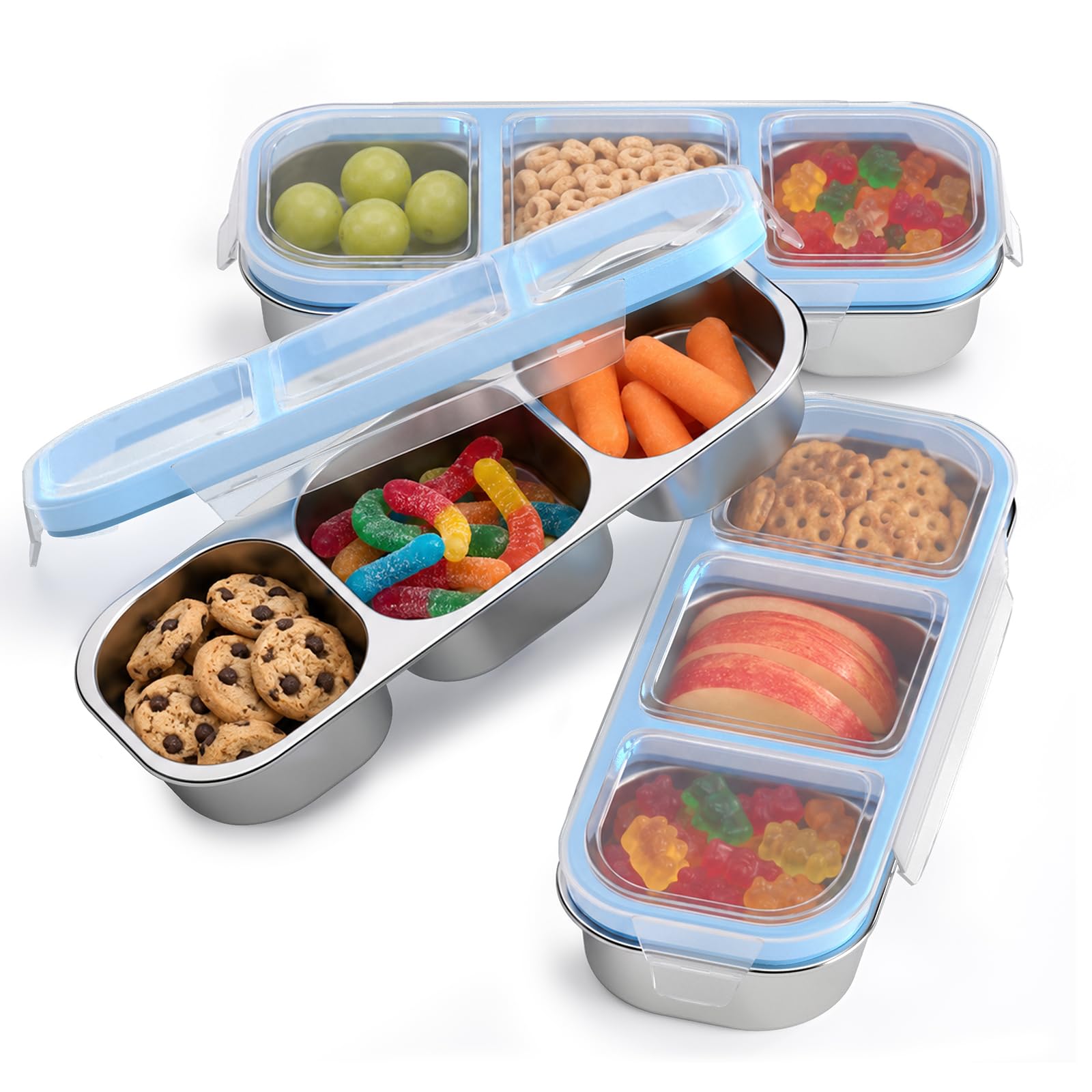 ECGaze 3Pack Stainless Steel Snack Containers with Lids, 3Compartment