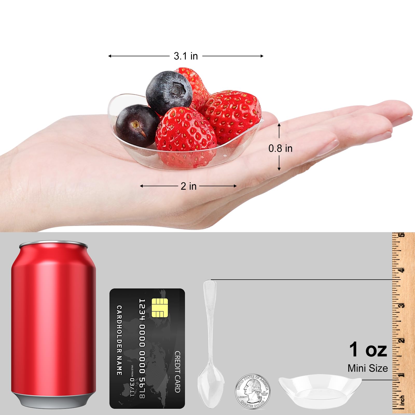 TOFLEN 100ct 1 oz Mini Dessert Plates with Tasting Spoons - Reusable Clear Plastic Party Serving Trays Mini Plates for Appetizers  Chocolates  Ice Cream  Fruit and More