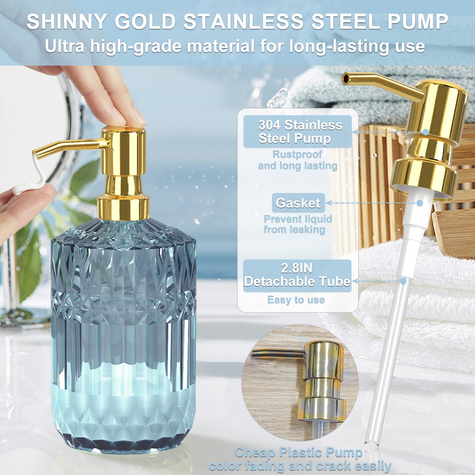 Blue Bathroom Accessories Set - 5Pcs Clear Glass Bathroom Accessory Set (Toothbrush Holders, Soap Dispenser, Soap Dish, Tumbler,