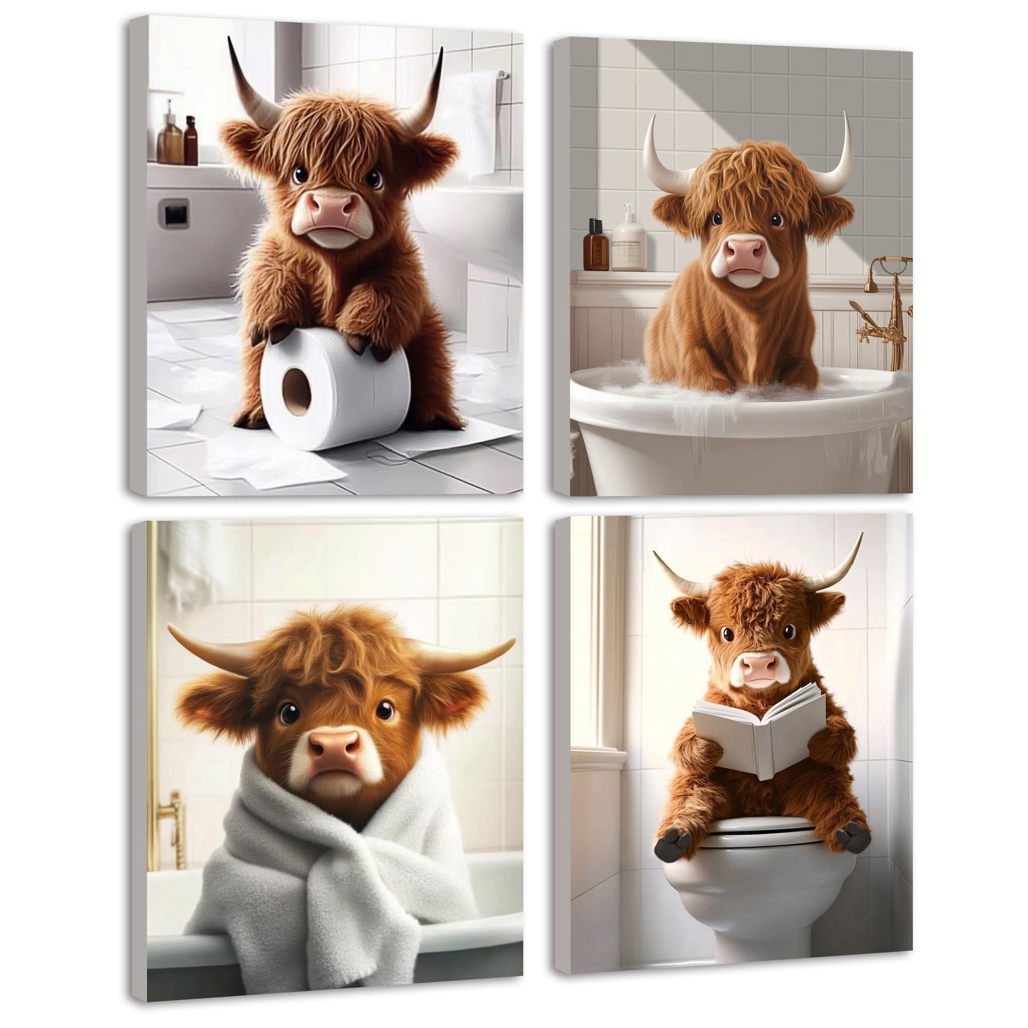 Kuvioke Cute Highland Cow Bathroom Framed Wall Art Funny Animal Rustic Bathroom Canvas Prints Restroom Farmhouse Ready To Hang S