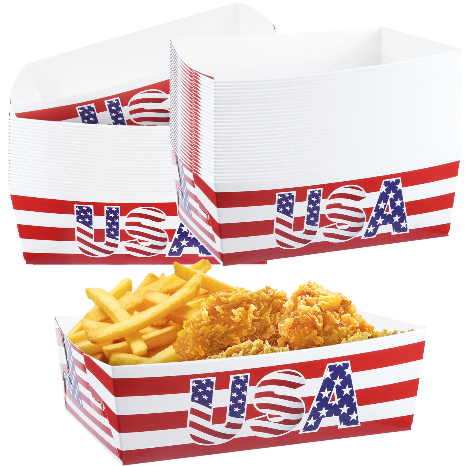 Rainmae 50 Pack Independence Day Paper Food Trays, Disposable Paper Serving Tray with American Flag Pattern for French Fries Nac