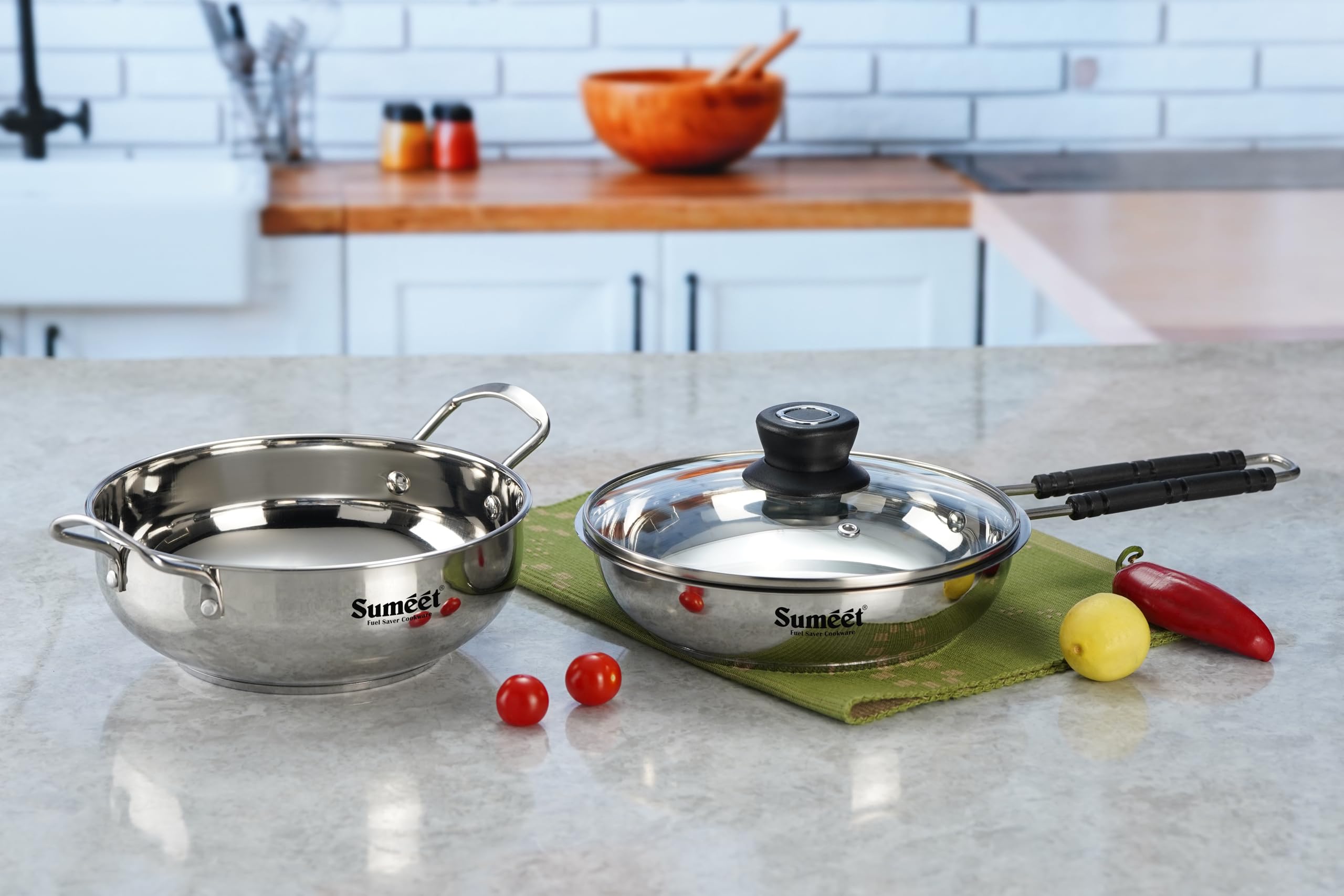 Sumeet Stainless Steel Induction Bottom Gas Stove & Induction Friendly 3Pc Cookware Set, Kadai  1500Ml / 20Cm, Frypan 1250Ml / 