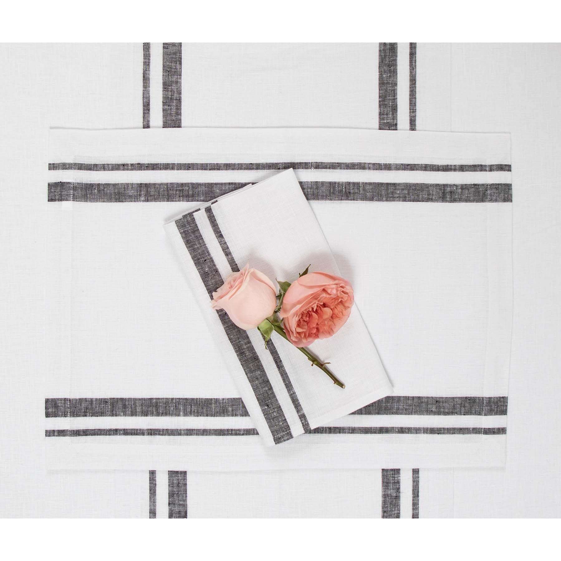 Solino Home Stripe Linen Placemats 19'' L X 14'' W - 100% Pure Linen Black And White Cloth Placemats Set Of 6 - French Stripe, W