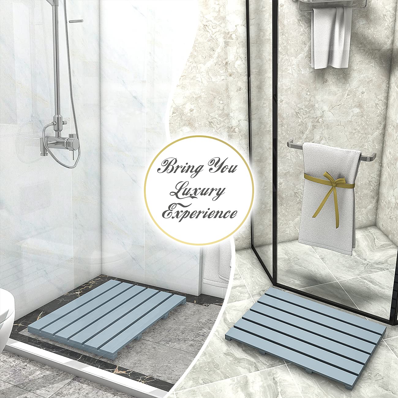 Bamboo Wooden Bath Floor Mat For Luxury Shower - Non-Slip Bathroom Waterproof Carpet For Indoor Or Outdoor Use (Bluish Grey)