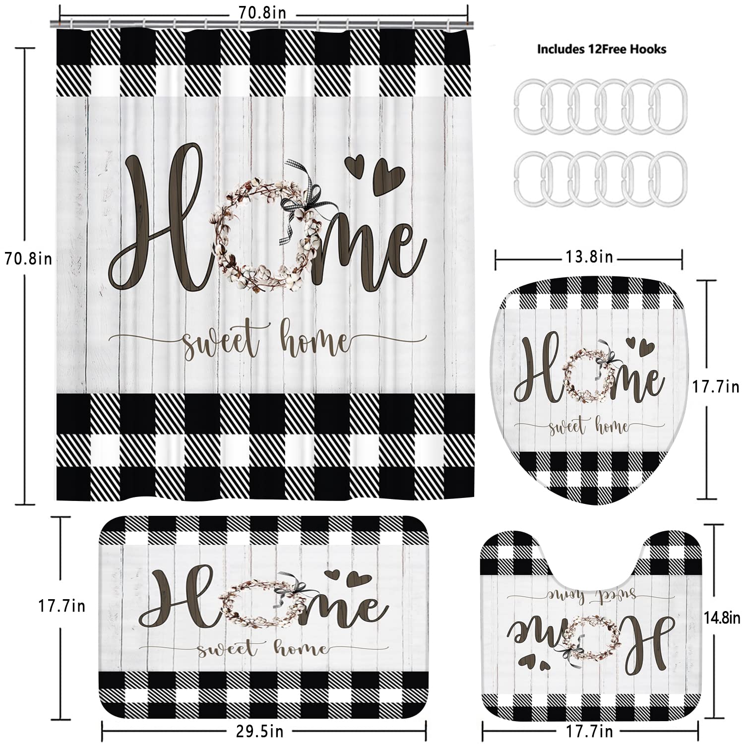 FZDHHY Black and White Bathroom Sets Home Sweet Home Shower Curtain Set with Rugs Rustic Plaid Bathroom Shower Curtain Set with Carpet Bath Mat Toilet Rugs