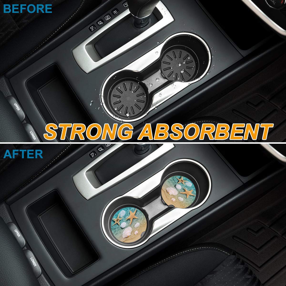 Absorbent Car Coasters For Cup Holders Fresh Beach Sand Starfish Shell, Small 2.56Inch Ceramic Stone Drink Coaster For Women Men