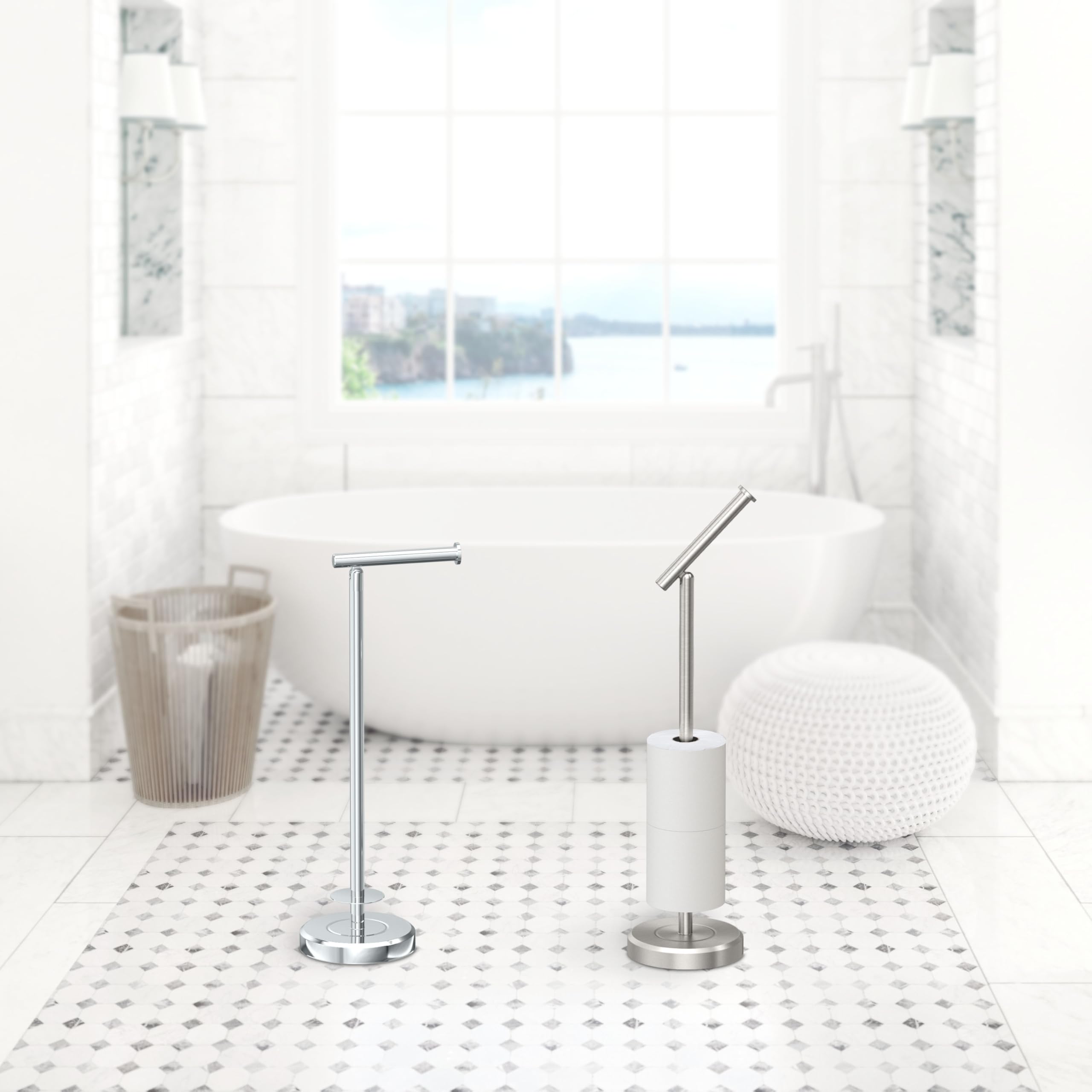Gatco 1448Sn Latitude Ii Freestanding Toilet Paper Holder With Storage, Satin Nickel/Stand Alone 22.25'' H Toilet Tissue Stand W