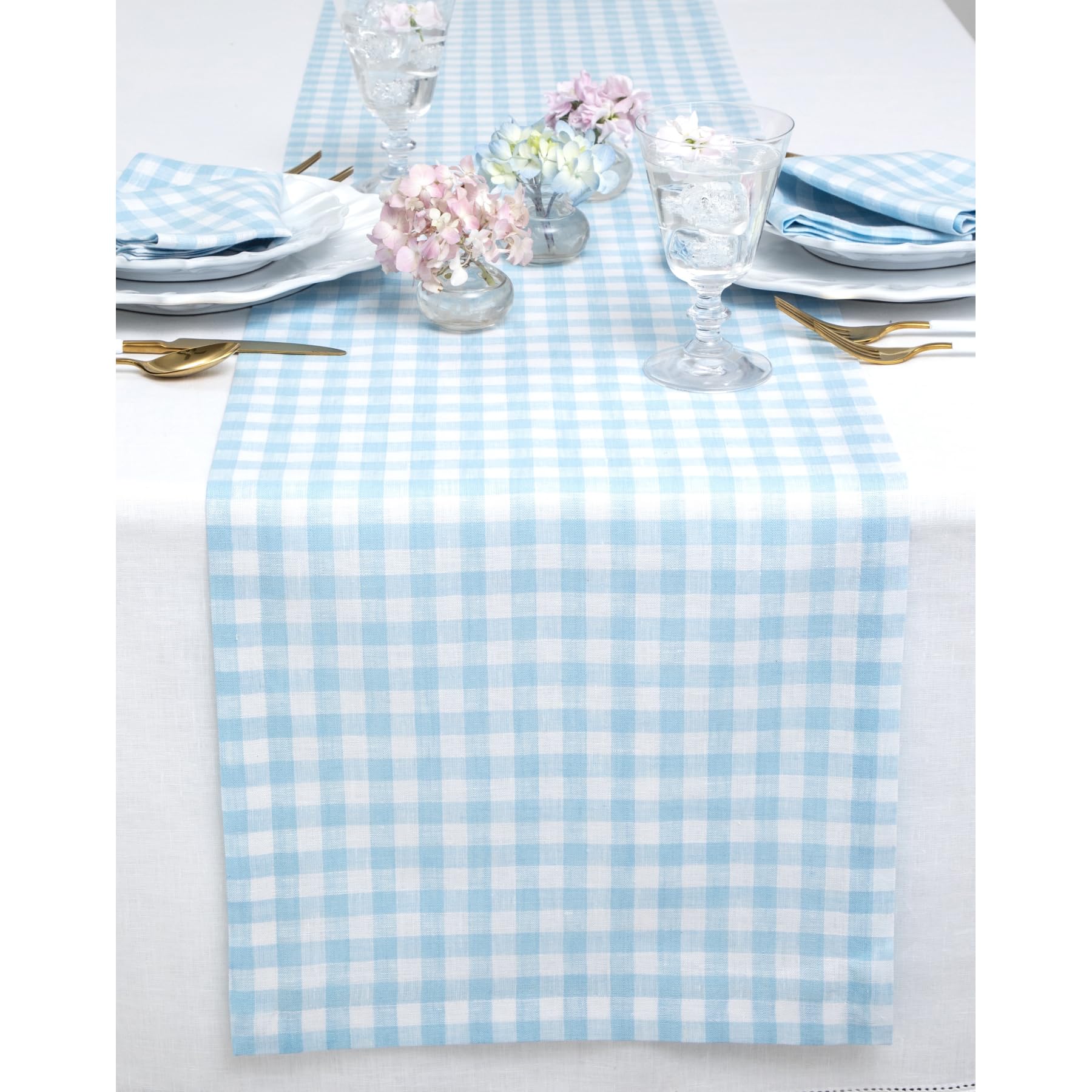 Solino Home Check Linen Table Runner 120 Inches Long - 100% Pure Linen Blue Bell Plaid Table Runner 14 x 120 Inch Ideal for Wedd
