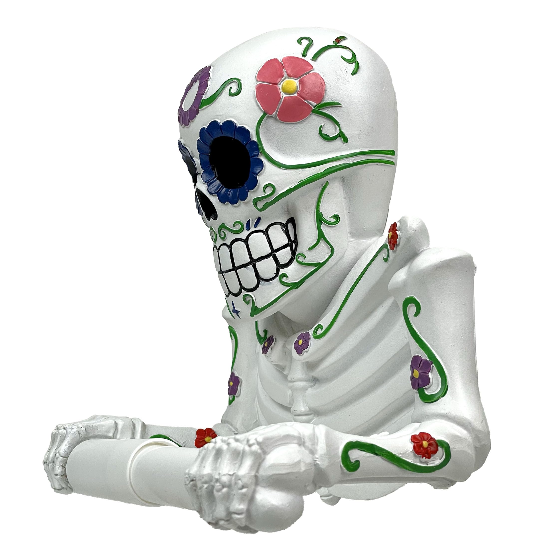 D  A De Los Muertos Vibrant Sugar Skull Skeleton Toilet Paper Holder - Whimsical Bathroom Tissue Dispenser And Novelty Home Deco