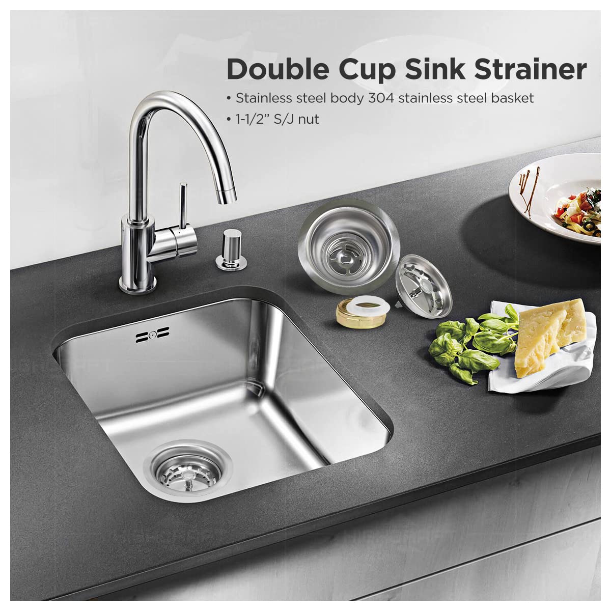Highcraft 9737 Double Cup Kitchen Sink (3-1/2 Inch) Stainless Steel Drain Assembly With Strainer Basket And Rubber Stopper, 1 Co