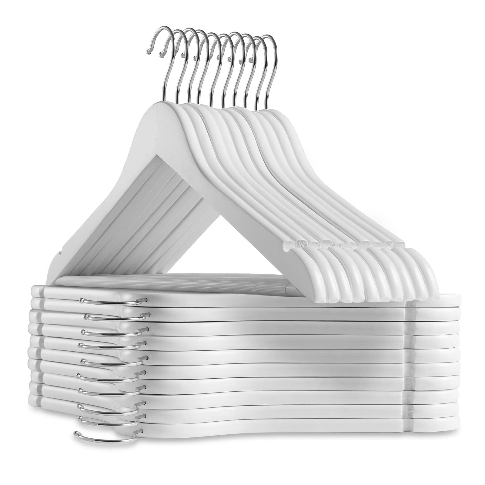 Casafield - 20 White Wooden Suit Hangers - Premium Lotus Wood With Notches & Chrome Swivel Hook For Dress Clothes, Coats, Jacket