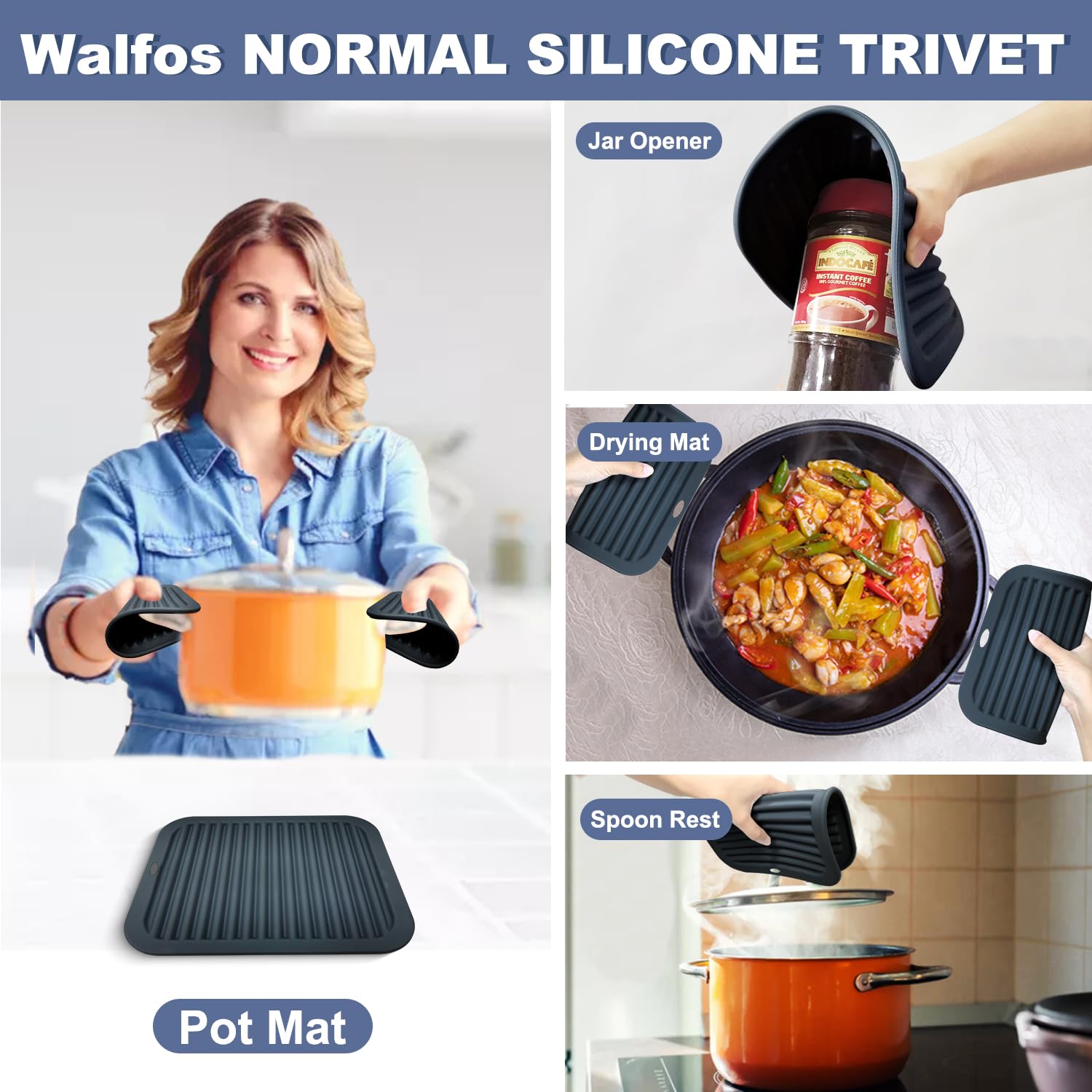 Walfos Xxl Silicone Trivet 16 Inch And Trivets Mats 12 Inch, Trivets For Hot Pots And Pans, Heat Resistant Pot Holders Hot Pads