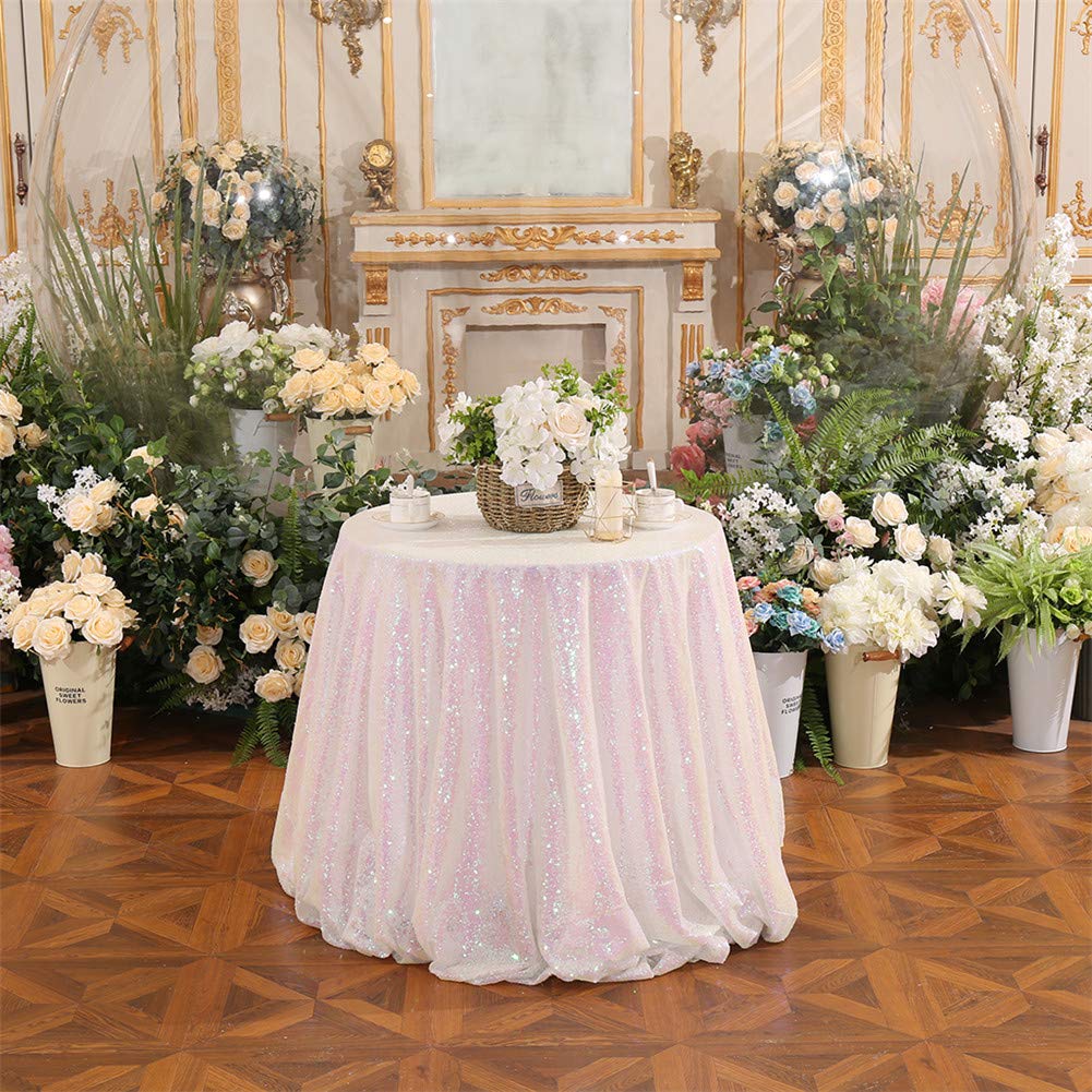 Eternal Beauty Iridescent 72'' Round Sequin Tablecloth- Sparkly Sequin Overlay For Wedding Party/Dessert Table/Christmas Decorat