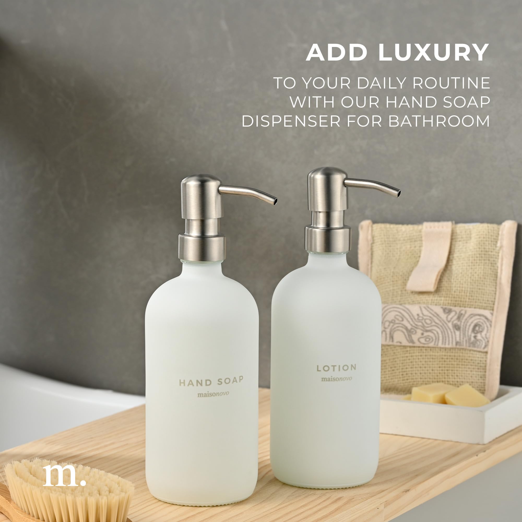 Maisonovo Bathroom Soap And Lotion Dispenser Set | 16.9 Fl Oz White Glass Silver Pumps X 2