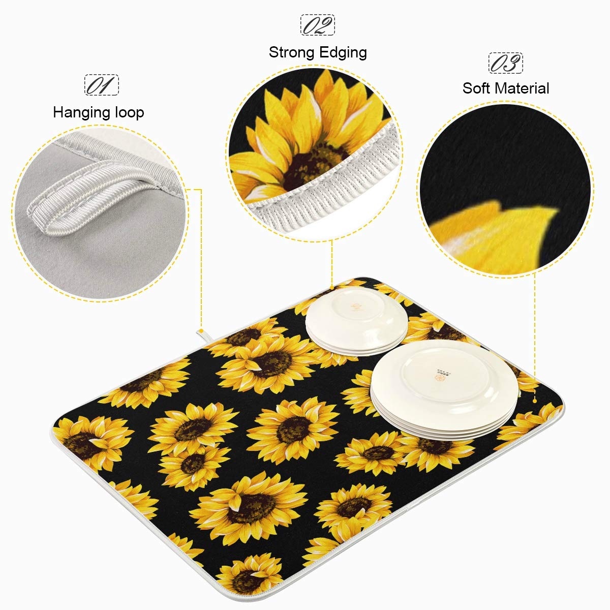 Sunflower Black Dish Drying Mat For Kitchen, Absorbent Microfiber Drying Pad Dish Mat, 16'' X 18''