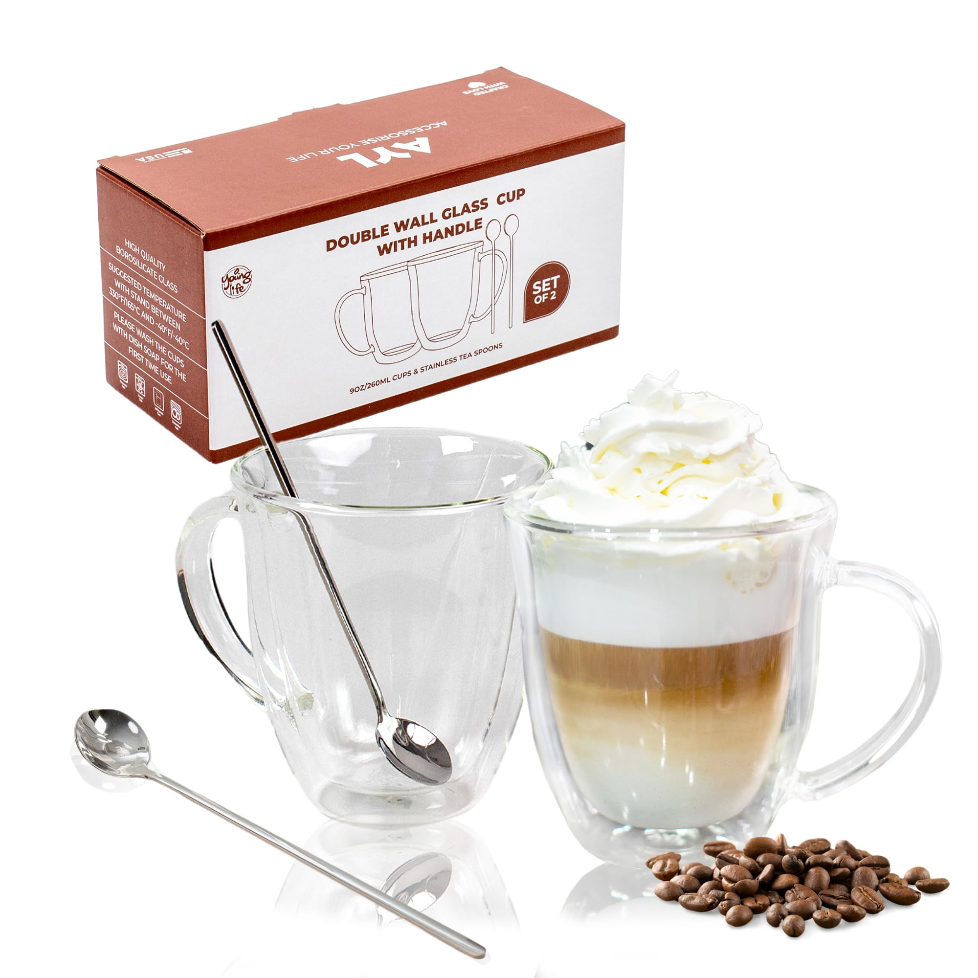 Ayl Double Wall Coffee Mugs With Handle (9Oz) - Insulated Glass Cups For Tea, Coffee, Cappuccino, Espresso & Latte - Elegant & C