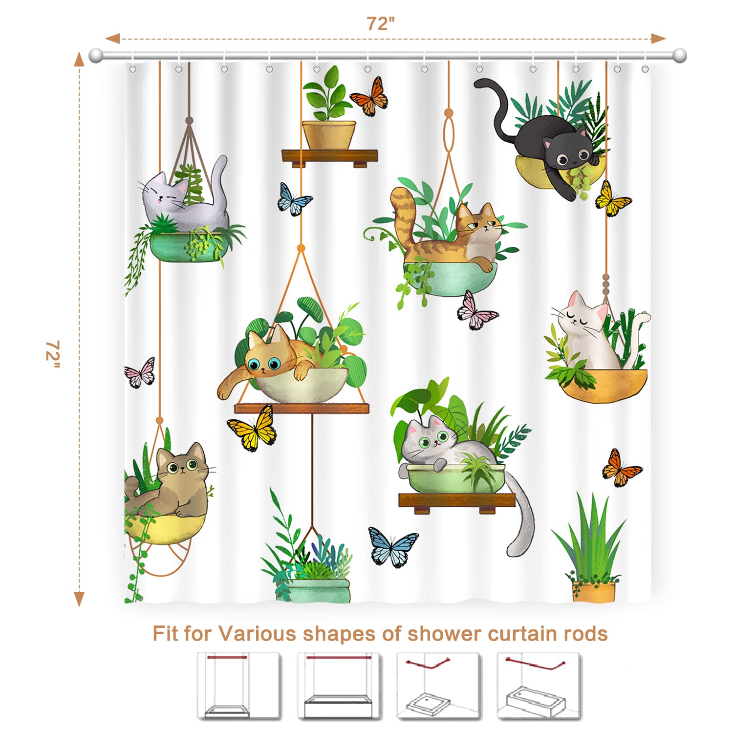 Hanging Potted Plants Cat Shower Curtain, Bracketplant Kitty Shower Curtain For Bathroom With 12 Hooks, Polyester Fabric Waterpr