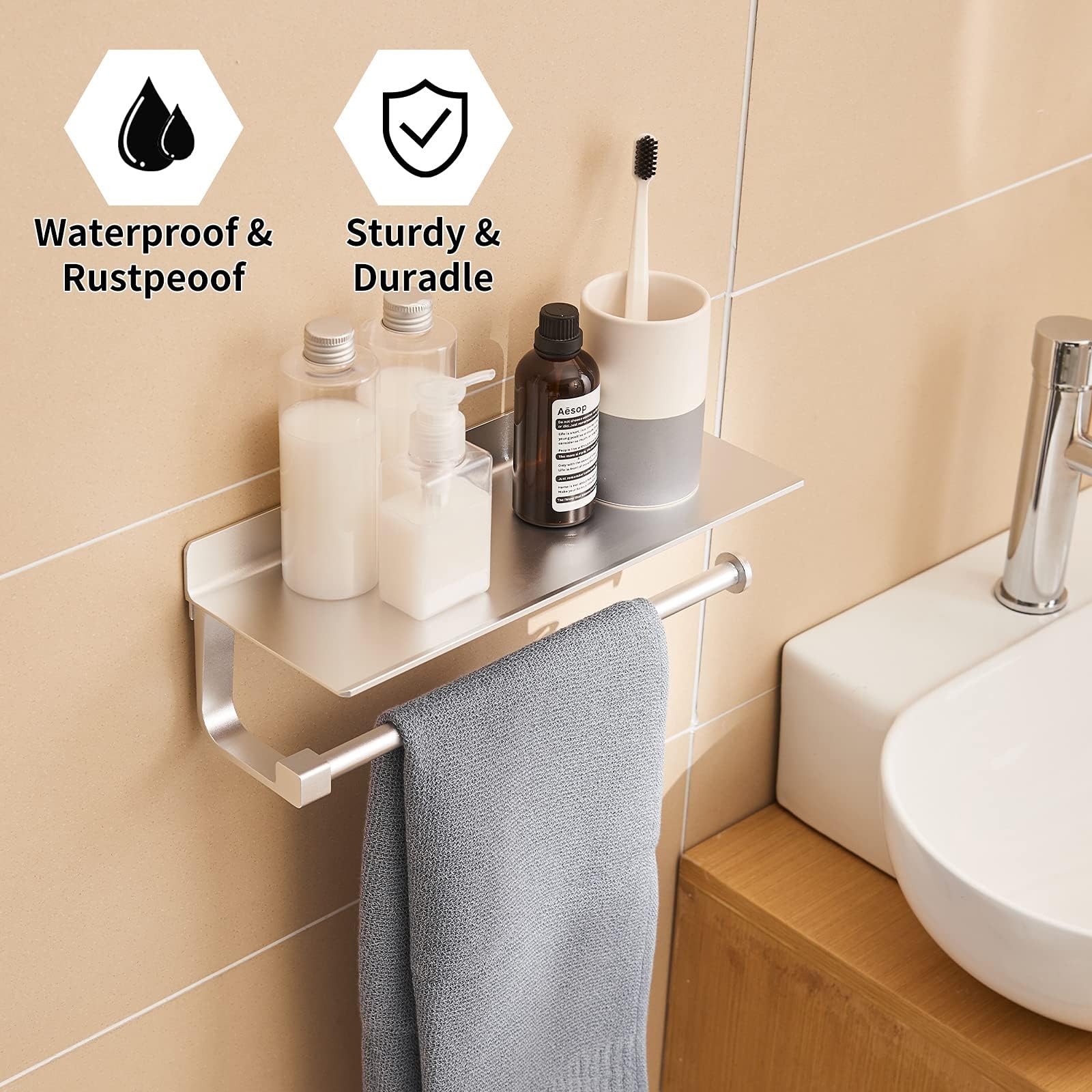Paper Towel Holder Wall Mount - For Bathroom Hand Towel Holder With Shelf- Kitchen Towel Holder - Matter Silver