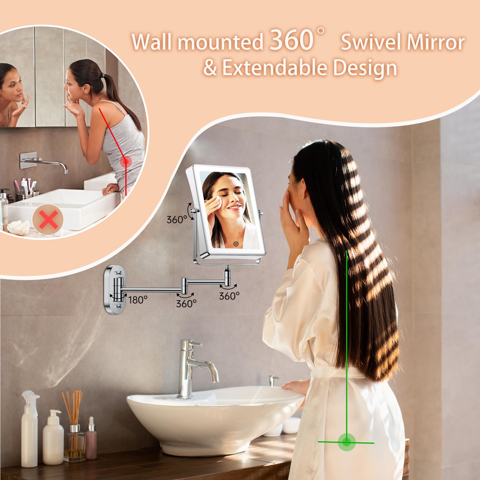 Fascinate Rechargeable Wall Mounted Makeup Mirror, 8.7 Double Sided Touch Switch 1X/30X Rectangle Wall Mounted Magnifying Mirror