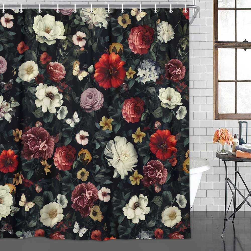 Drgilau Floral Shower Curtain, Vintage Floral Shower Curtain Set Red Flower Plants Bathroom Curtain, Valentine'S Day Shower Curt