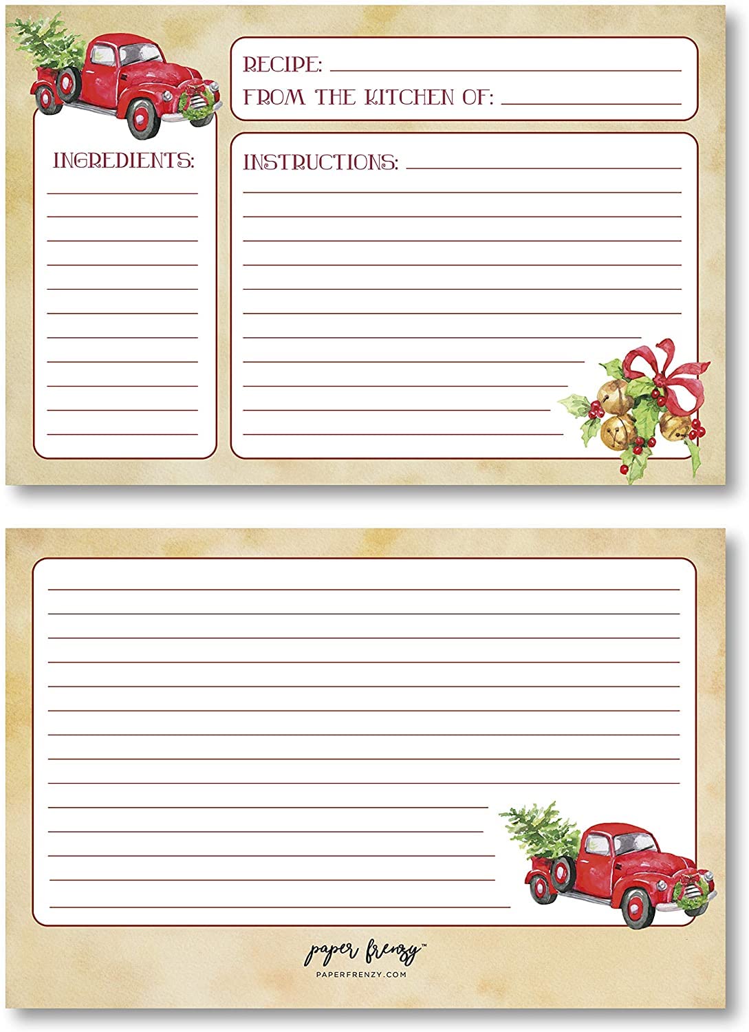 Paper Frenzy Nostalgic Red Truck With Tree Holiday 4 X 6 Recipe Cards 25 Pack Double Sided