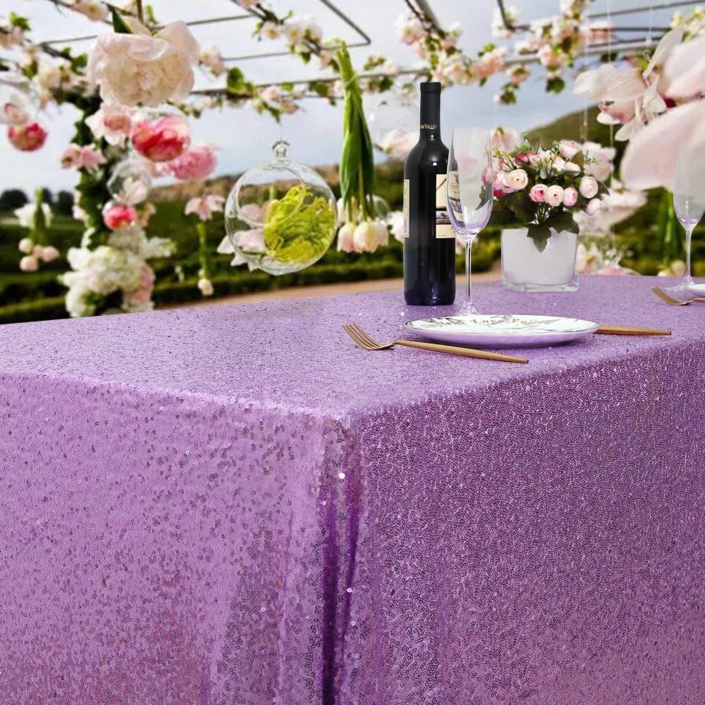 Queendream Sequin Tablecloth 90X132 Lavender Party Tablecloth Rectangular Seamless Sequin Table Cloth Overlay Glitter Weddin