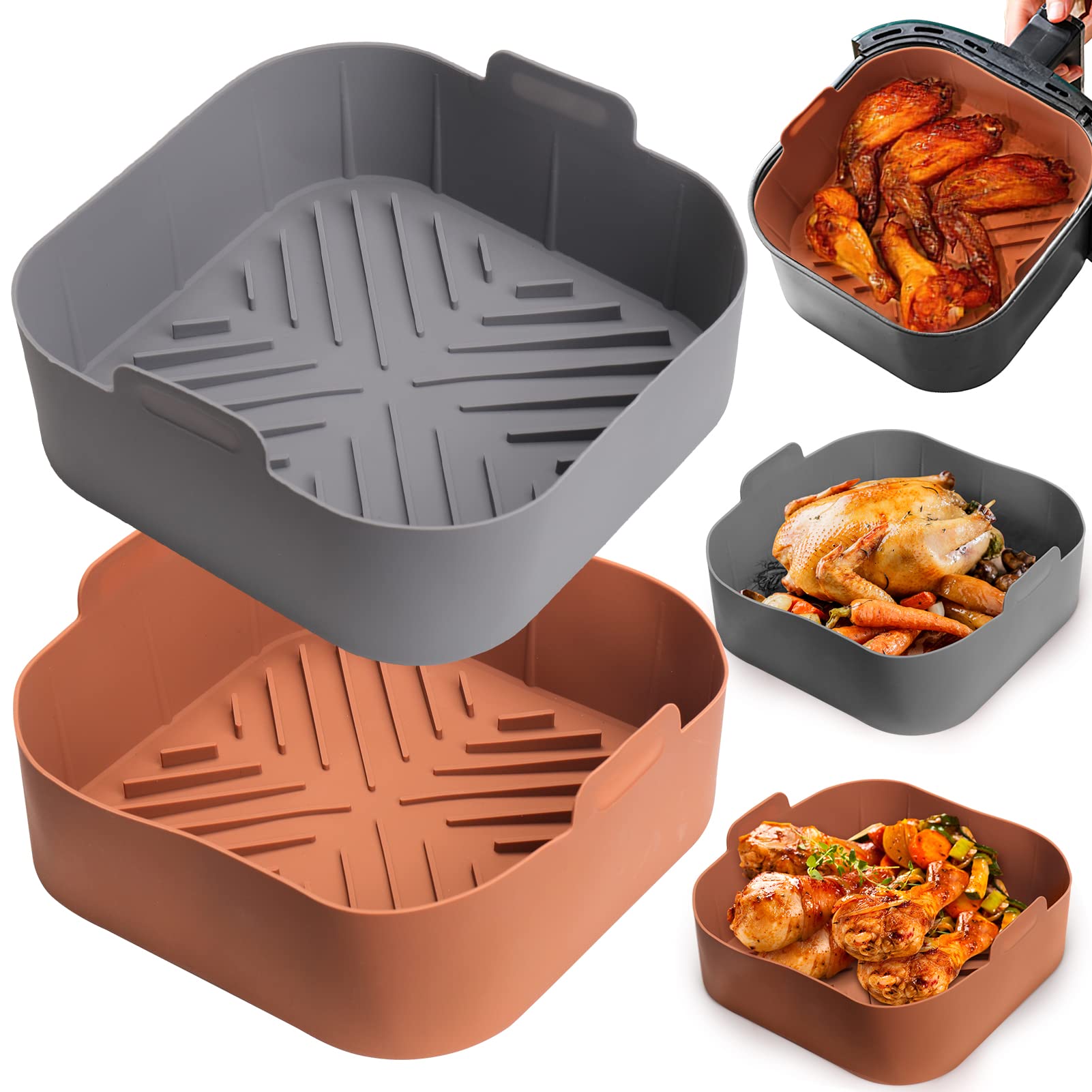 Silicone Air Fryer Basket Liners Square - 2Pcs Reusable Air Fryer Silicone Pots For Food Safe Air Fryers Oven Accessories(8.5 In