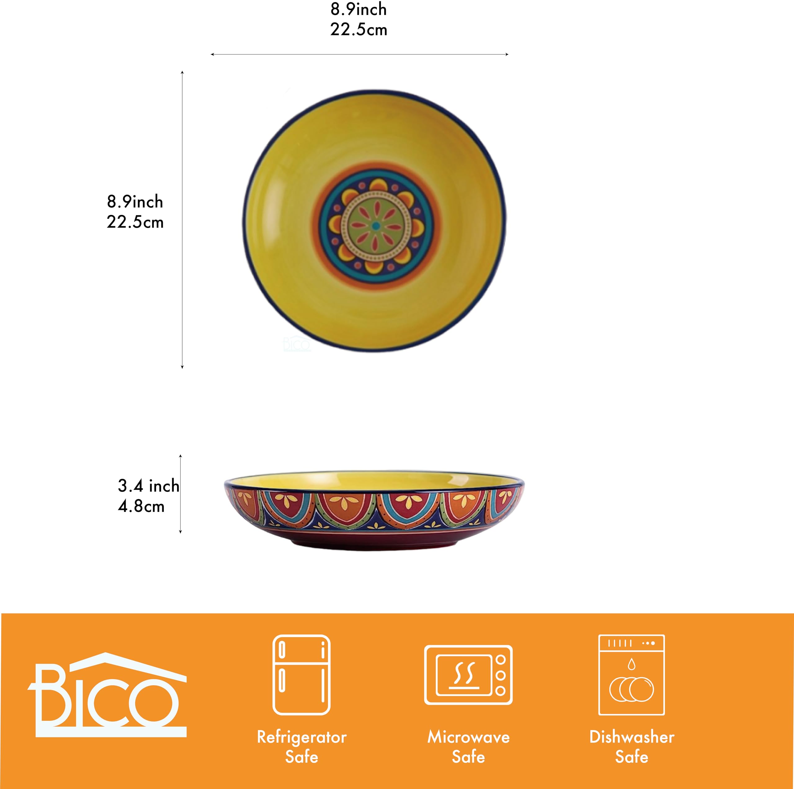 Bico Tunisian Ceramic 35Oz Dinner Bowls, Set Of 4, For Pasta, Salad, Cereal, Soup & Microwave & Dishwasher Safe