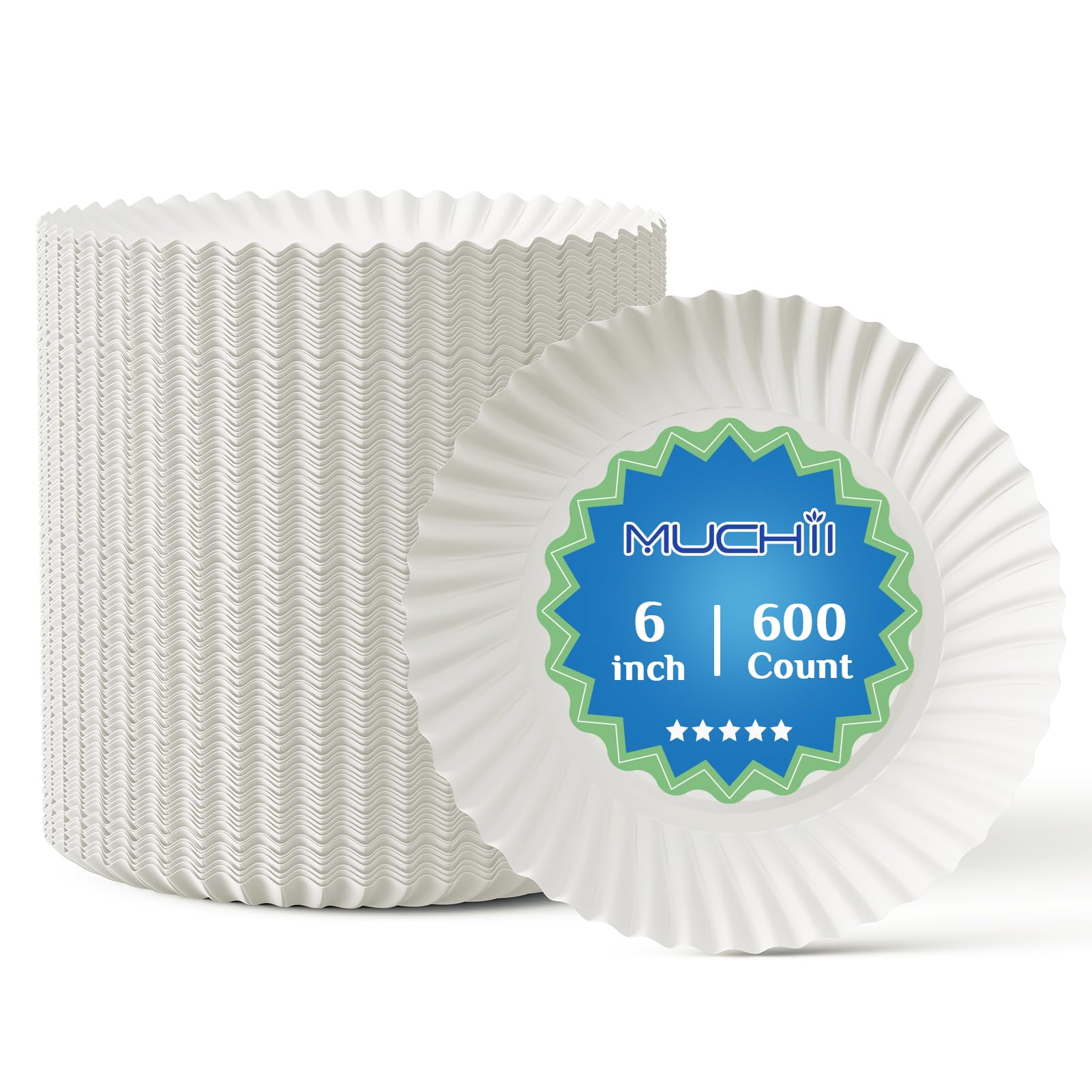 MUCHII 600 Count 6 Inch Paper Plates, White Uncoated Disposable Dessert Plates for Snacks, Cake, Candy