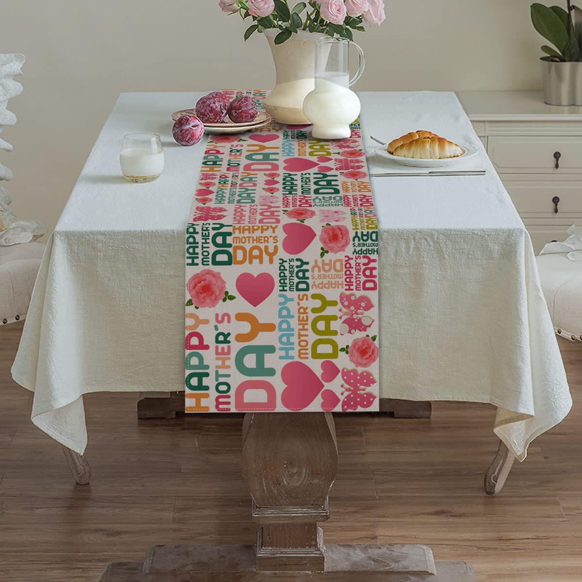 Vohado Happy Mother'S Day Table Runner Pink Rose Butterfly Love Kitchen Dining Table Decoration Buffalo Plaid Table Cover Linen