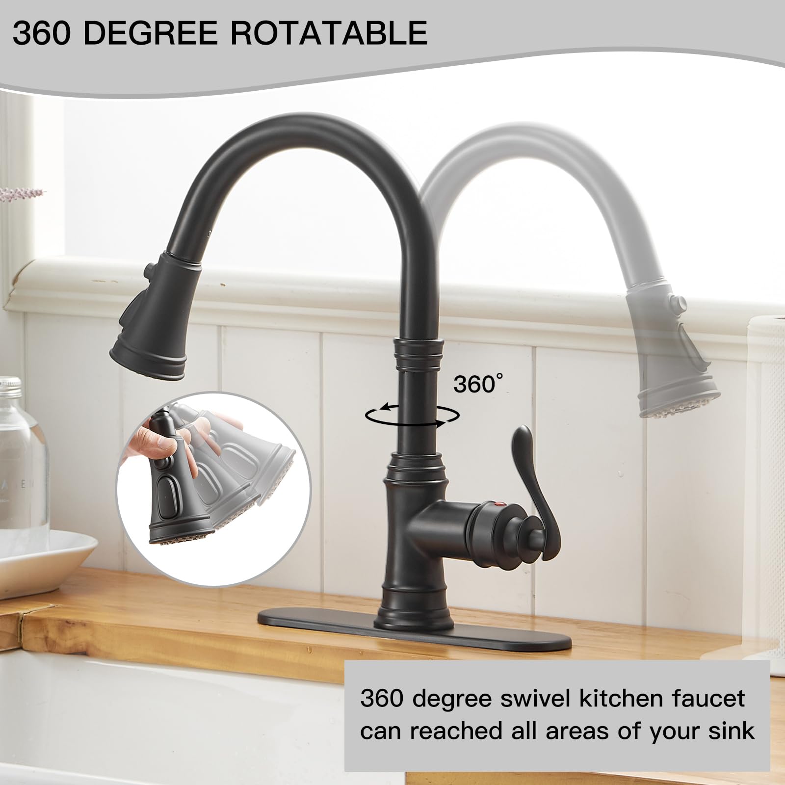 Homevacious Matte Black Kitchen Faucet With Pull Down Sprayer, 3 Functions Single Handle Kitchen Sink Faucet, High Arc Commercia