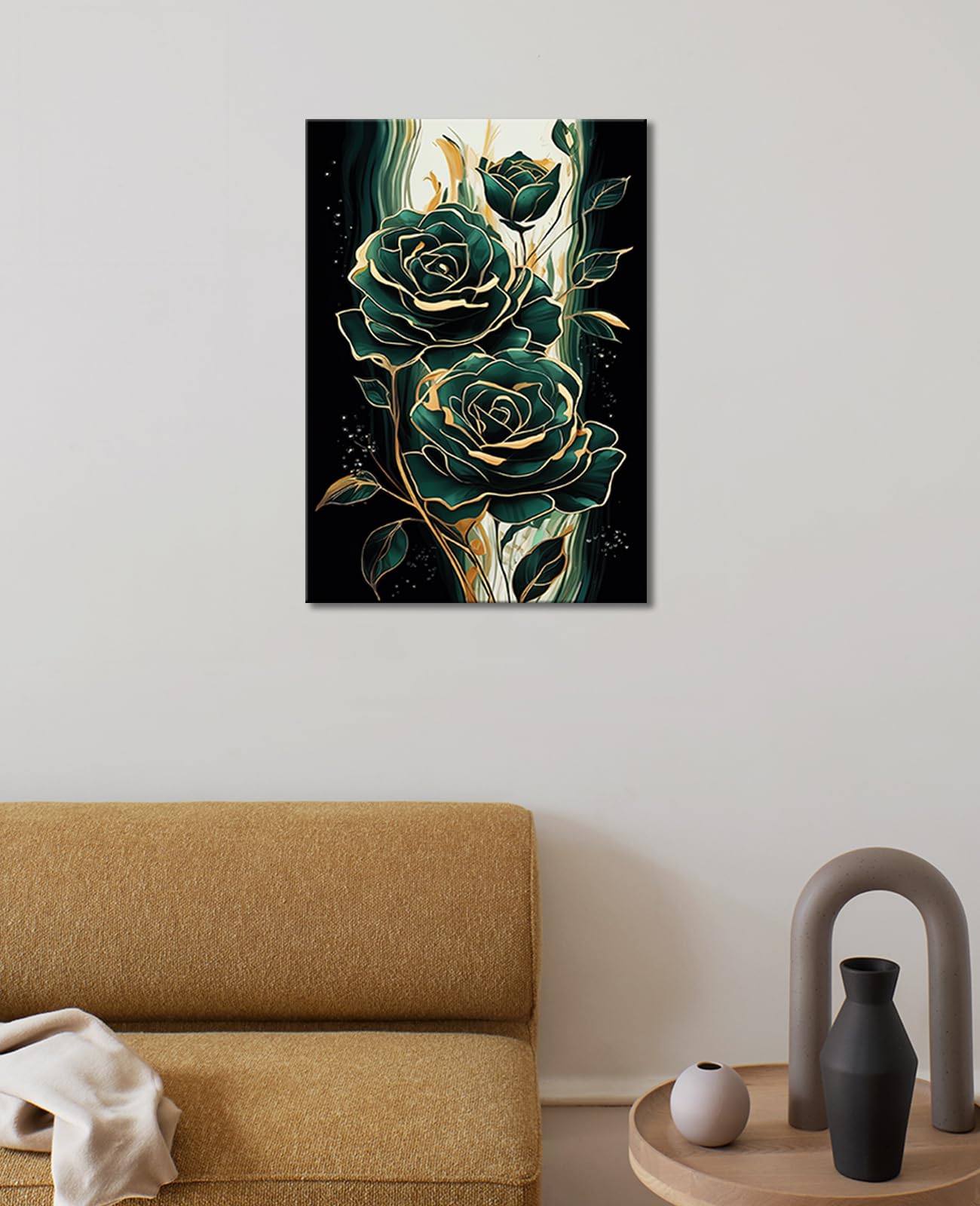 Emerald Green Flower Wall Art Gold Emerald Rose Wall Decor Modern Floral Canvas Print Painting Picture Artwork For Bedroom Bathr