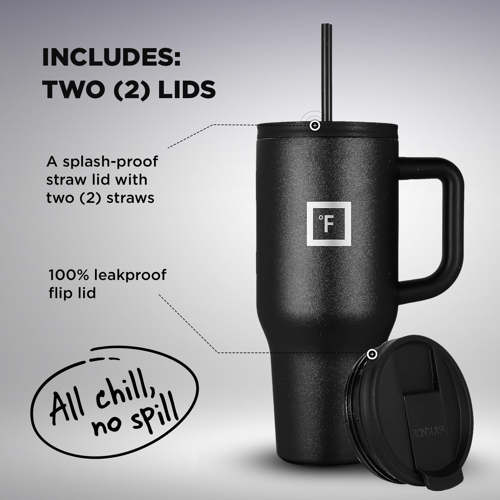 Iron Flask Co-Pilot Insulated Tumbler W/Straw & Flip Cap Lids - Cup Holder Bottle For Hot, Cold Drink - Leak-Proof- Water, Coffe