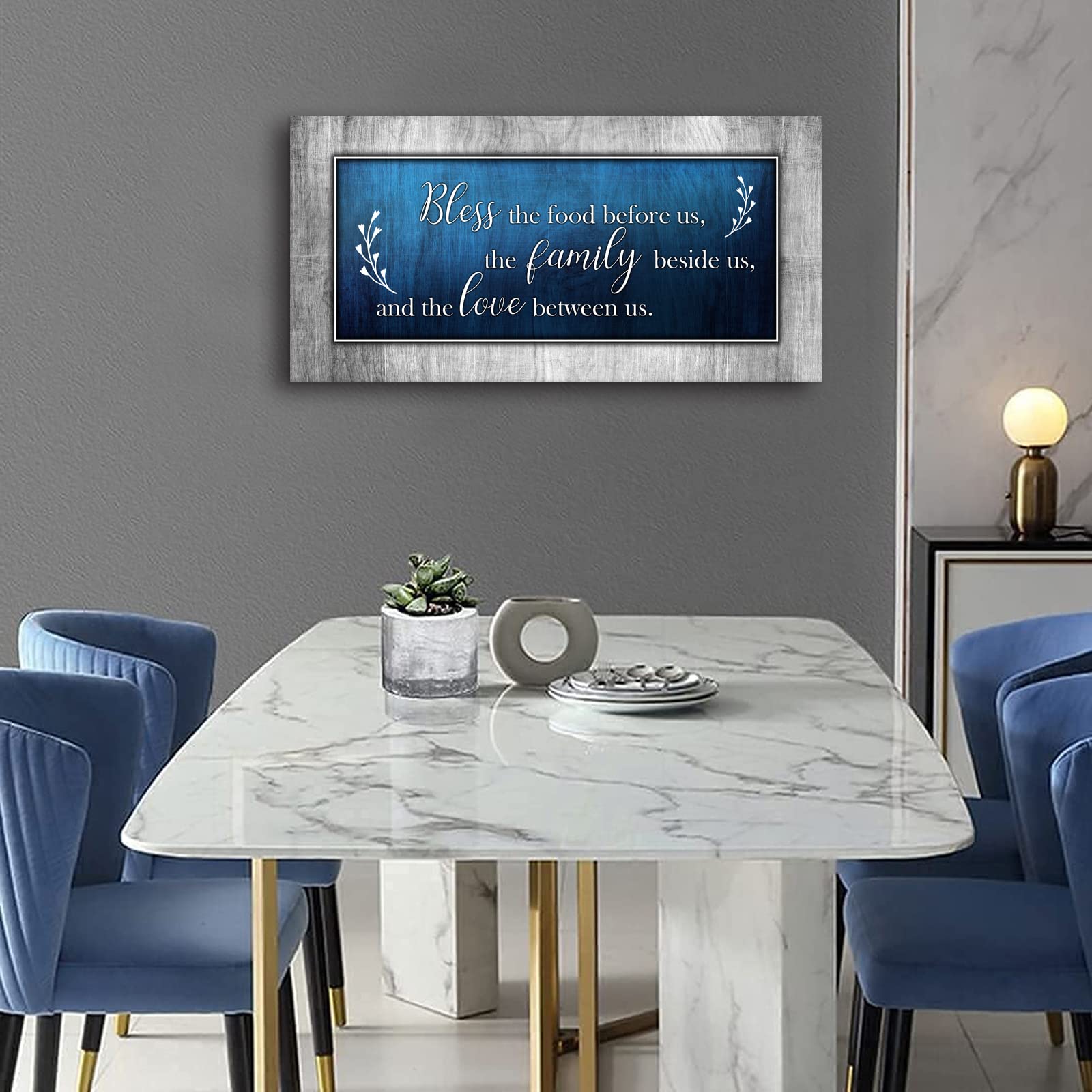 Aoshdart Canvas Wall Art For Dining Room Decor-Blue And Grey Canvas Prints Painting Bless The Food Quote-Wall Pictures Living Ro