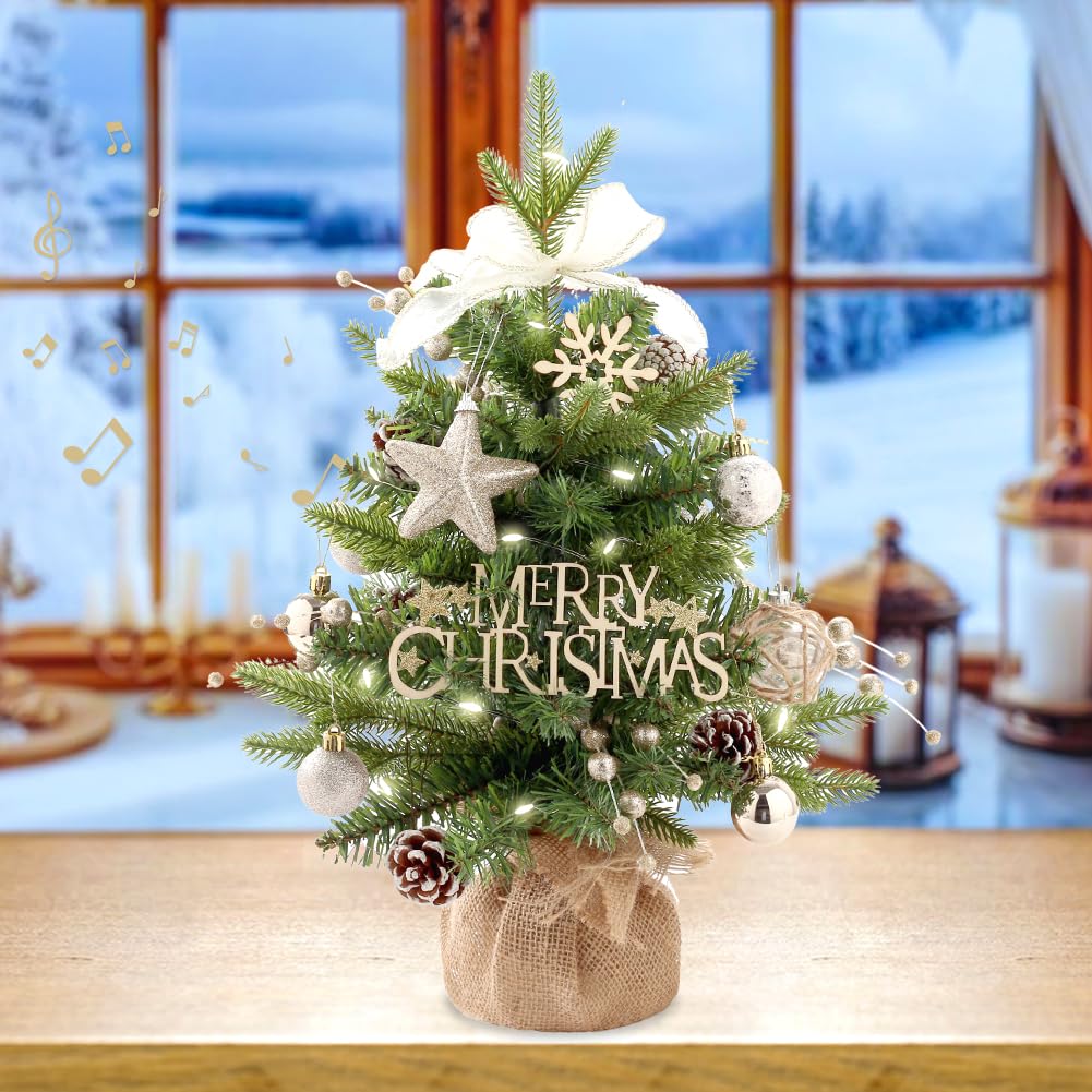 Mini Christmas Tree, Tabletop Small Christma Tree Green Prelit Christmas Tree with Music Artificial Xmas Tree with Xmas Ornament