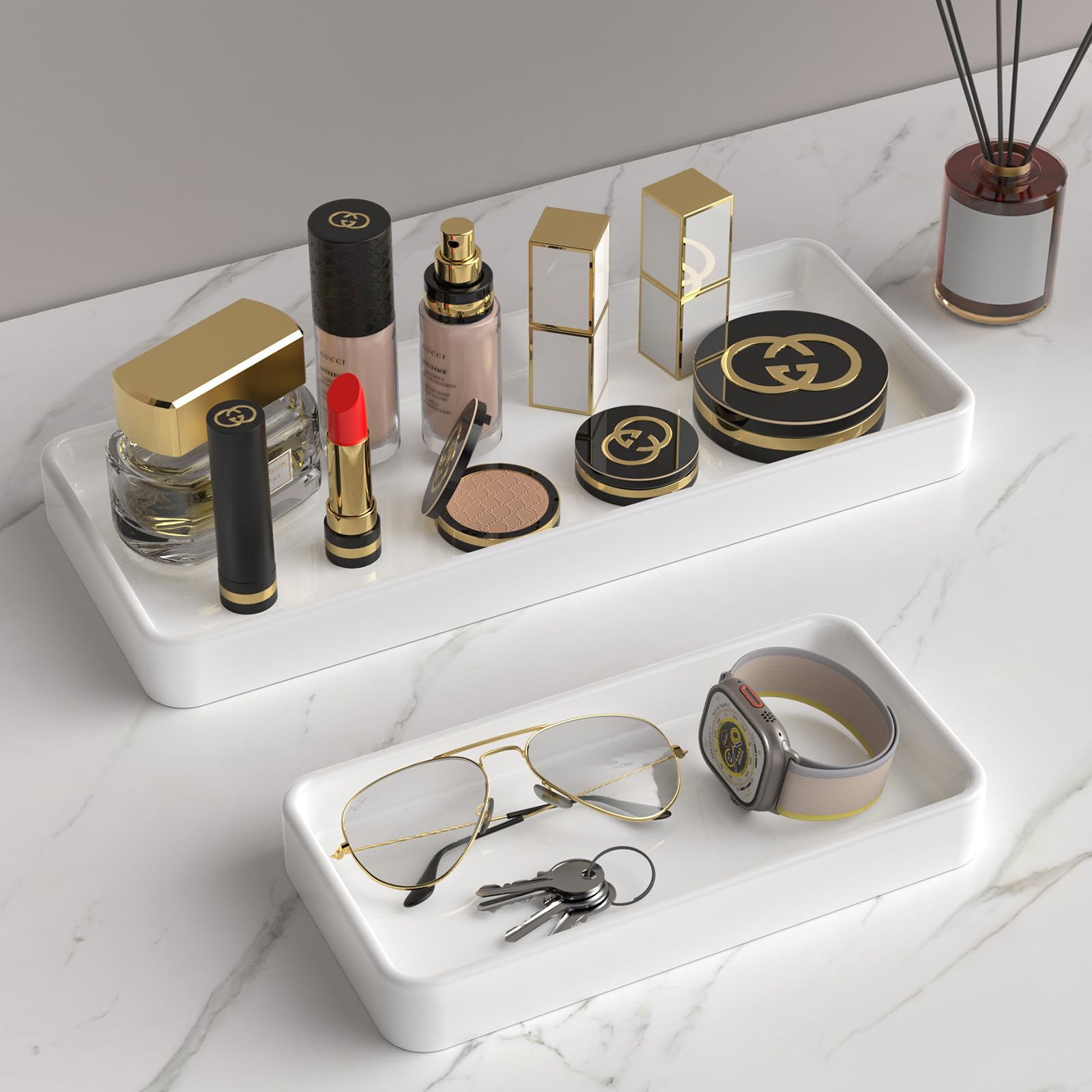 Gurygo 2 Pack 8'' Ceramic Vanity Tray - Kitchen Tray For Soap Bottles - Small Rectangular Vanity Tray For Bathroom - Vanity Tray