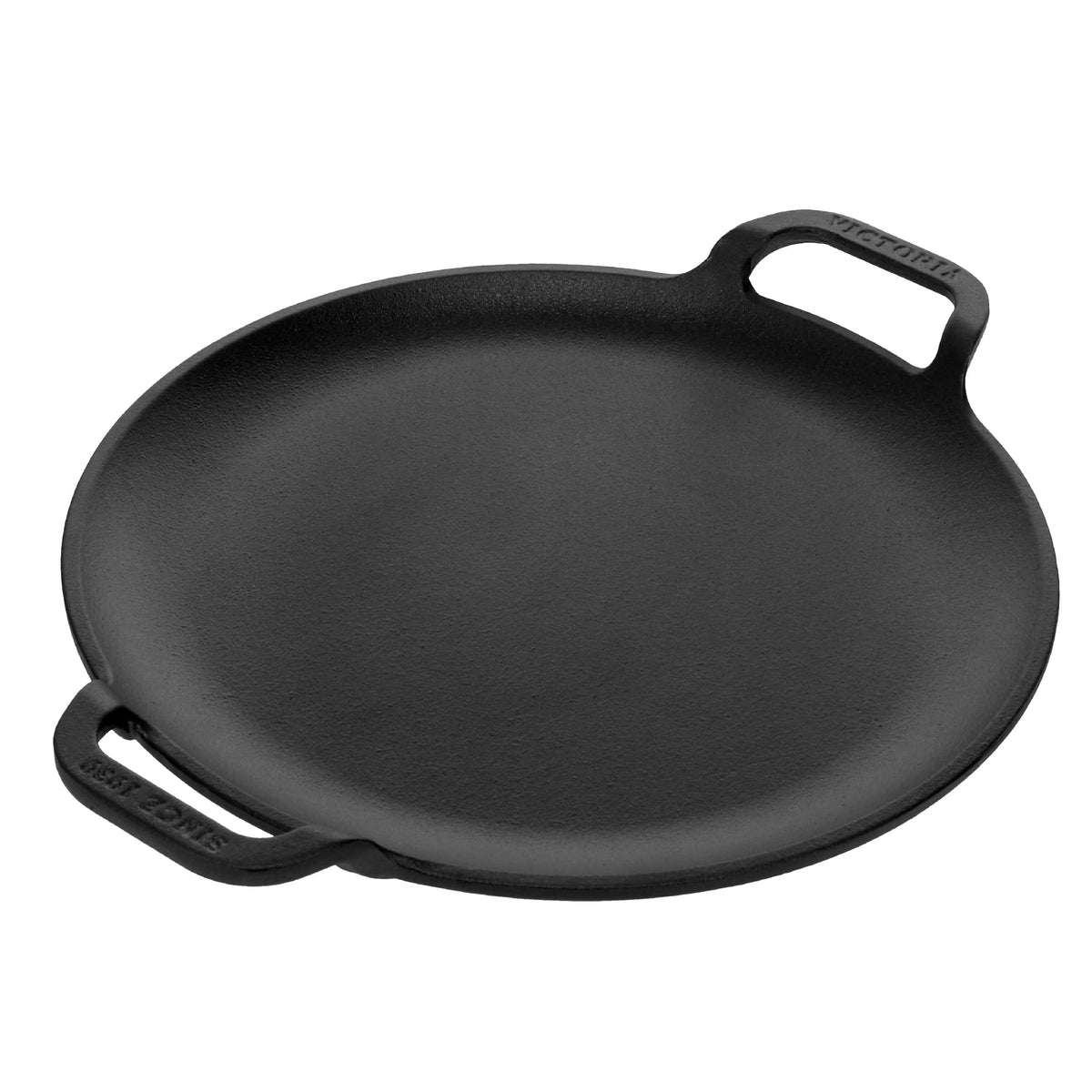 Victoria 10-Inch Cast Iron Comal Pizza Pan With 2 Side Handles, Preseasoned With Flaxseed Oil, Made In Colombia, Black