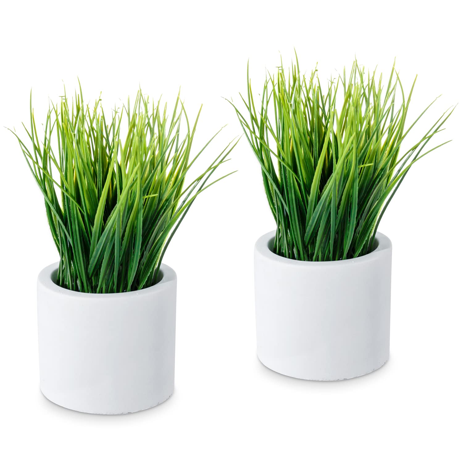 MyGift Artificial Grass Plants in Modern Cylindrical White Cement Pots, Decorative Faux Greenery Plant in Tabletop Planter, Set 