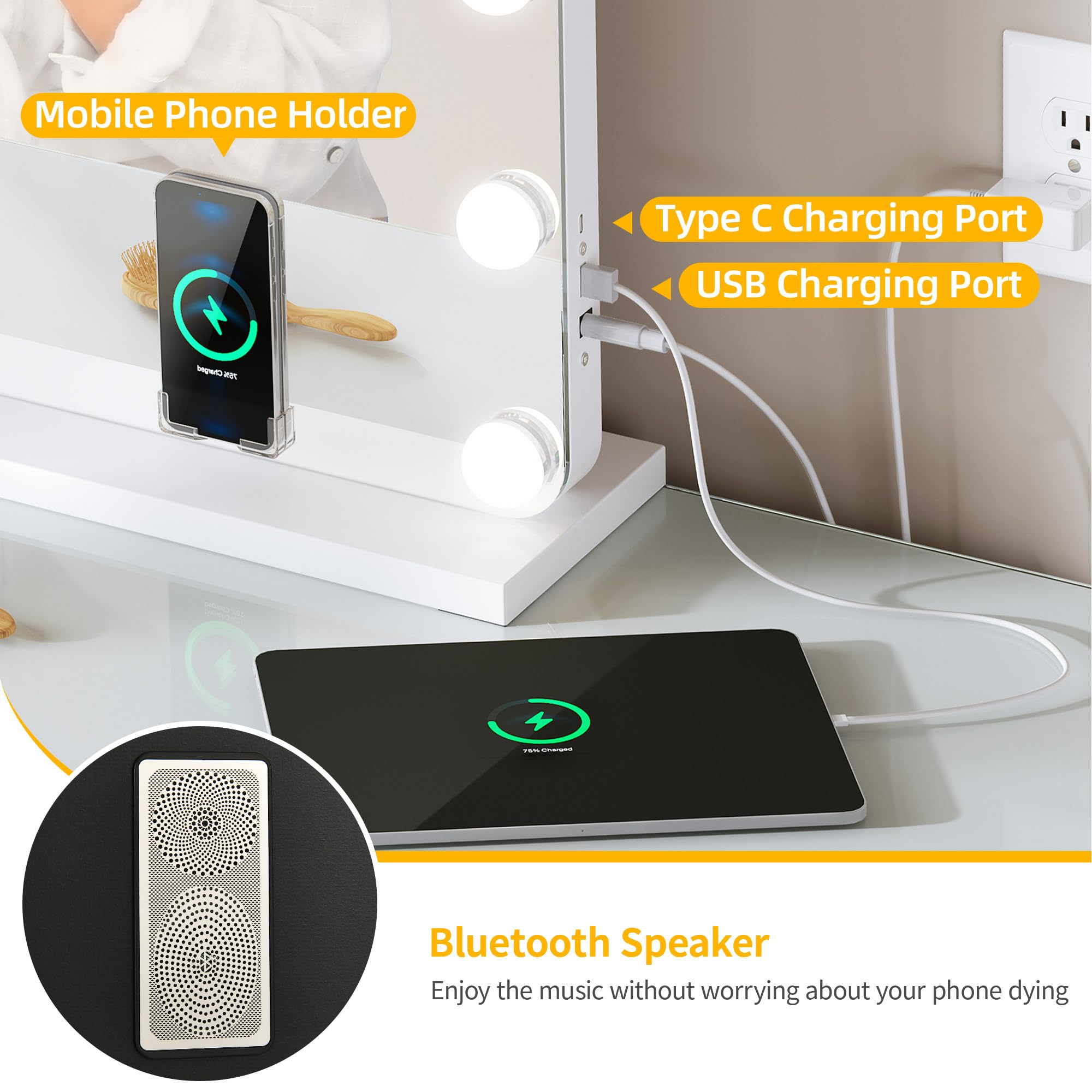 Yitahome Vanity Mirror With Lights And Bluetooth Speaker & Wireless Charger, 32''X24'' Led Makeup Mirror, Lighted Makeup Mirror