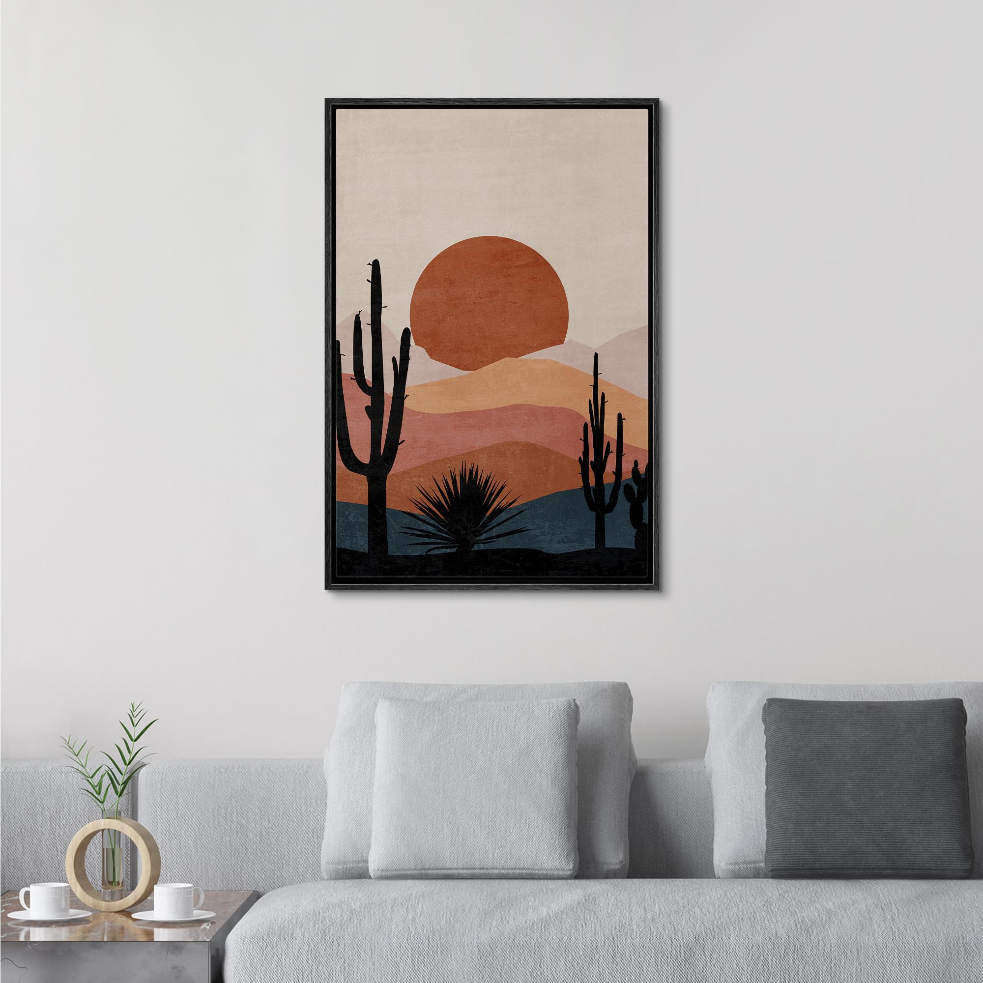Signford Framed Canvas Print Wall Art Sunset In The Desert With Cacti Silhouettes Nature Wilderness Illustrations Modern Art Dec