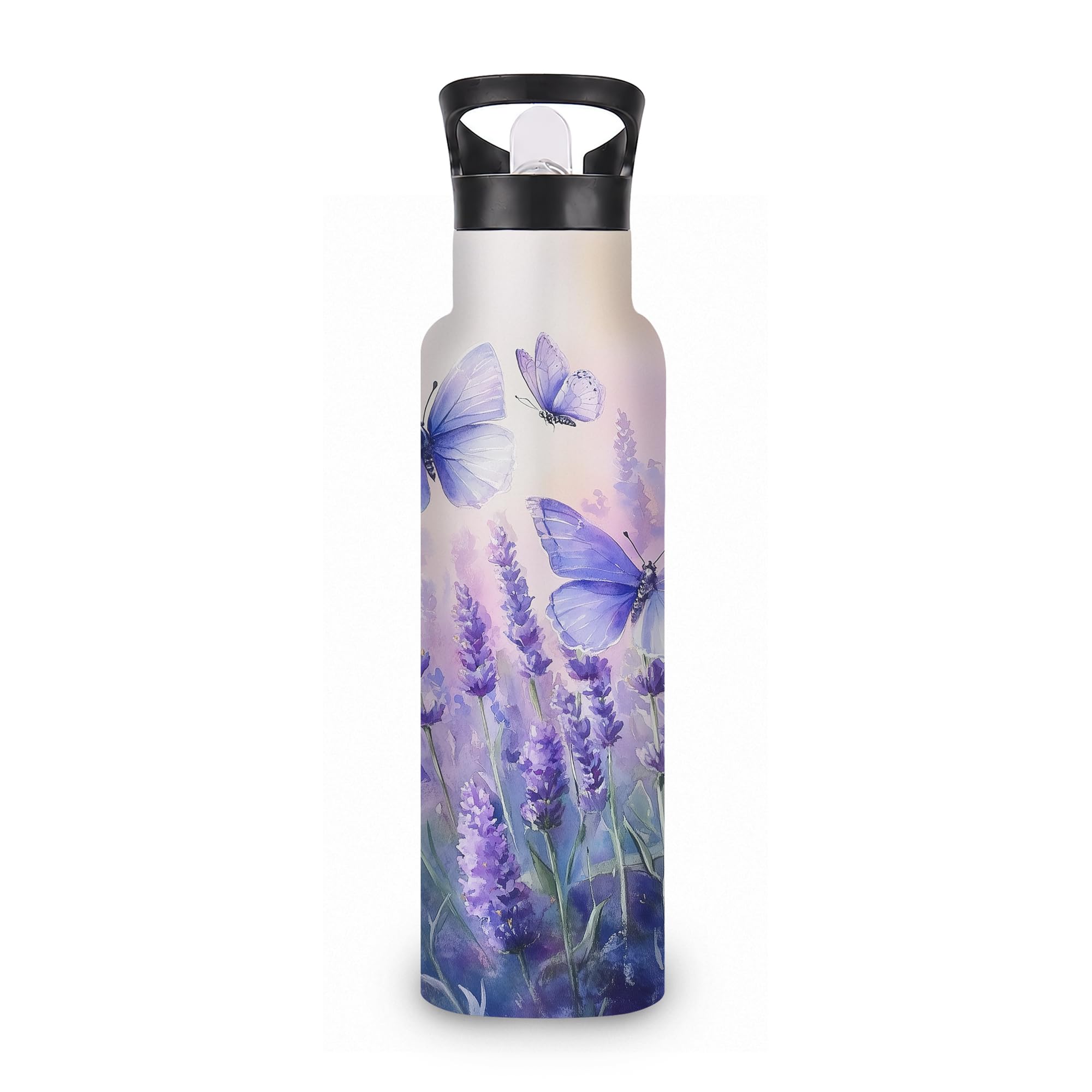 ICRICR Water Bottles with Straw,Purple Butterfly Stainless Steel Cup Leak Resistant Double Wall Lavender Insulated Water Bottle 