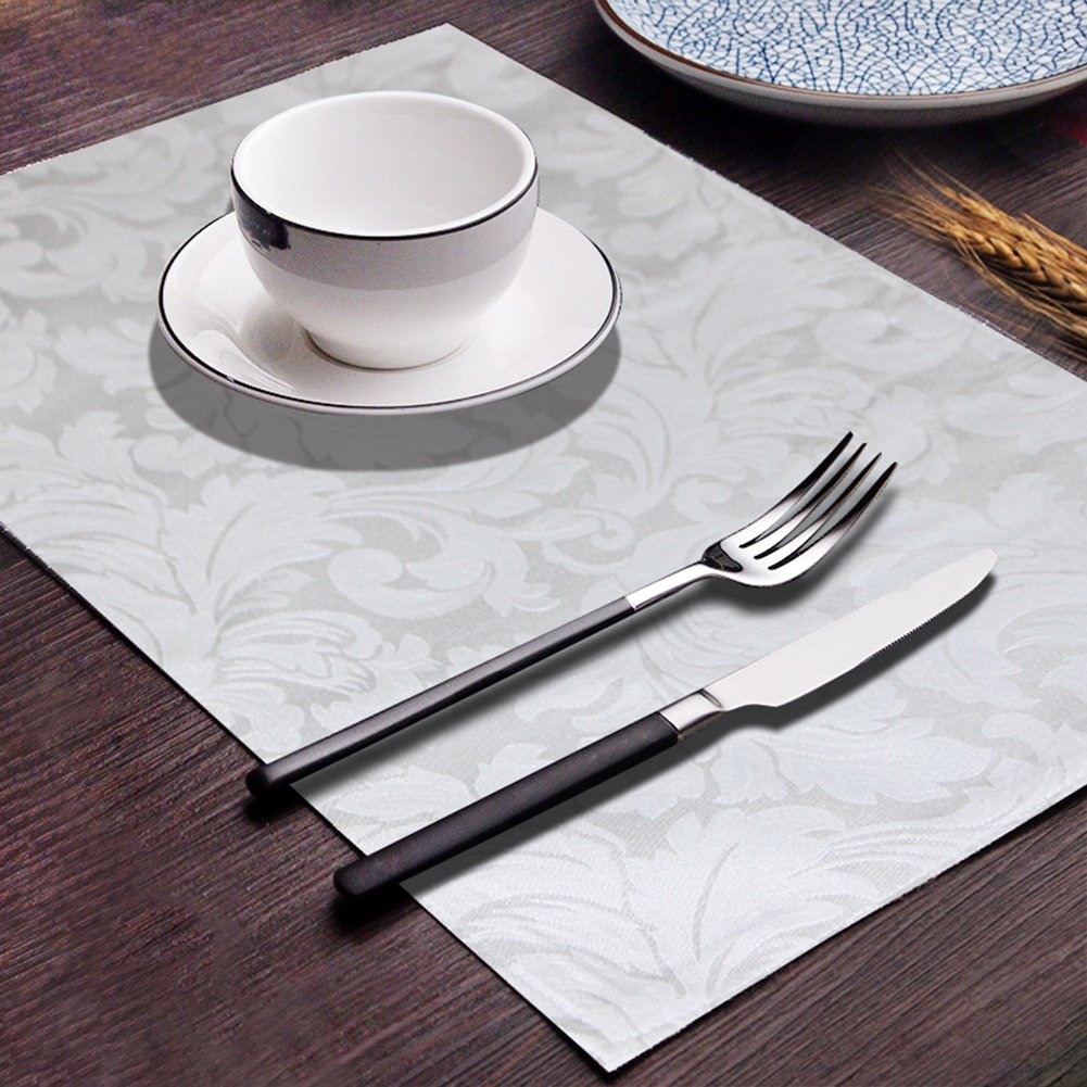 ColorBird Scroll Damask Jacquard Placemats Set of 4  Heat Resistant Washable White Placemats for Dining Table  Microfiber Fabric Table Mats  13 x 19 Inch
