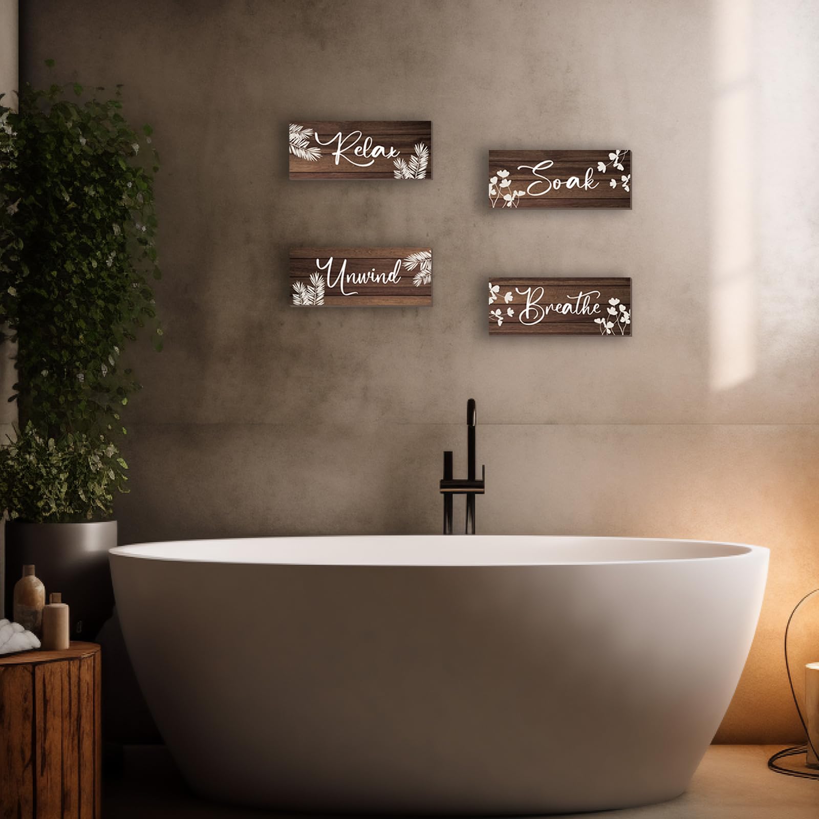 ONIZHITY 4 Pieces Large Brown Bathroom Decor Farmhouse Bathroom Accessories Rustic Relax Soak Unwind Breathe Wooden Signs with V
