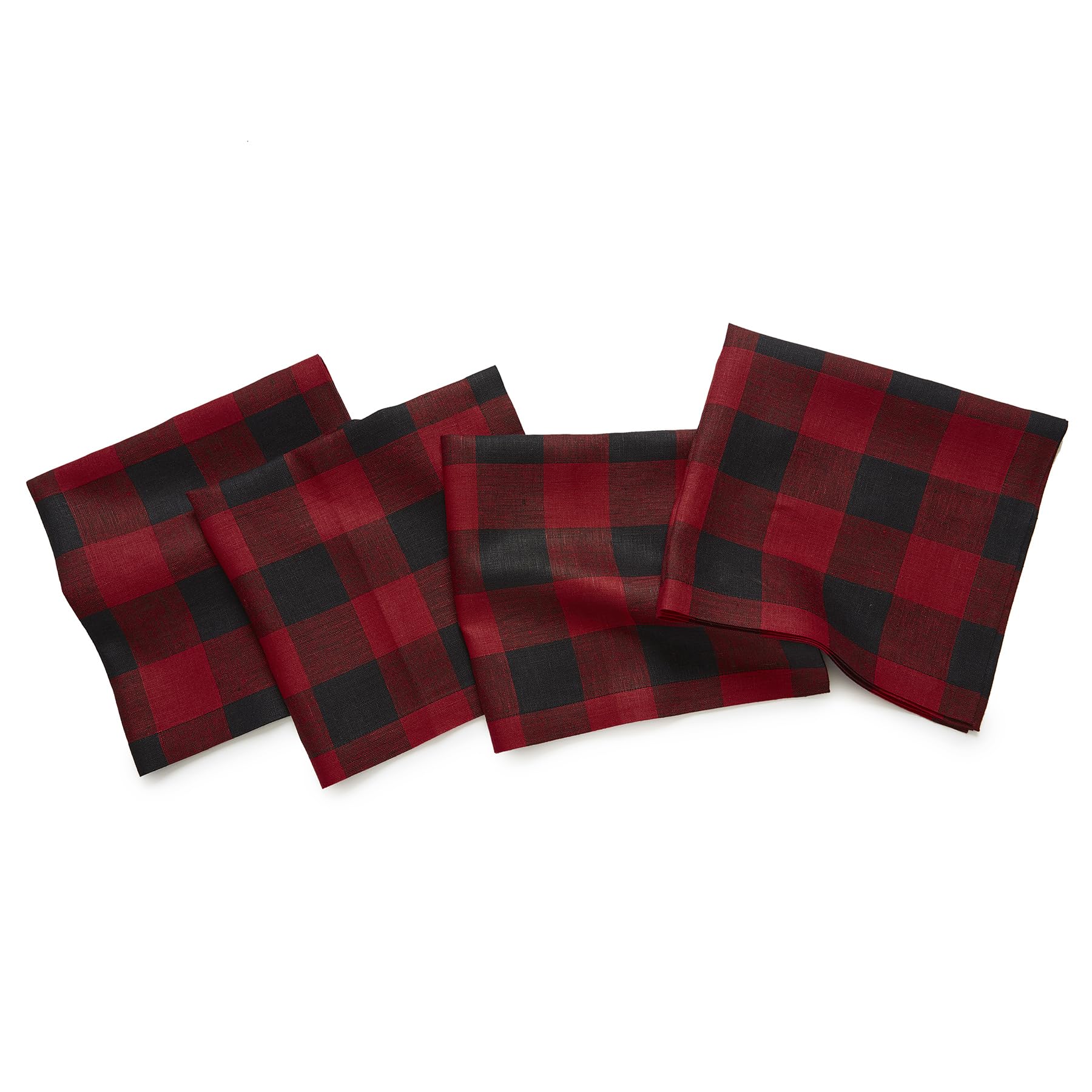 Solino Home Buffalo Check Linen Napkins Set of 4 - 100% Pure Linen Red and Black Plaid Napkins 20 x 20 Inch - Machine Washable C