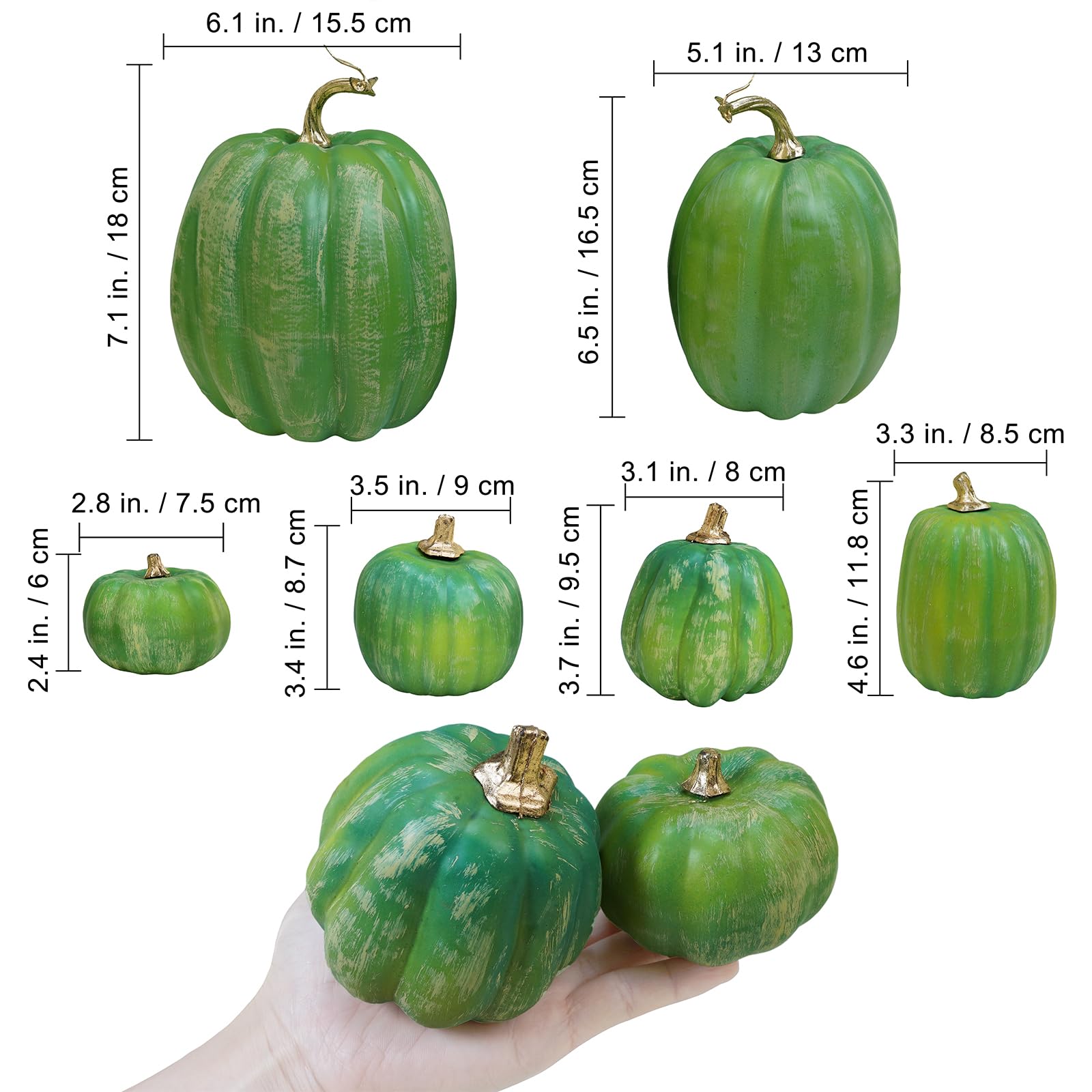 Winlyn 7 Pcs Assorted Green Artificial Pumpkins Harvest Pumpkins Deep Green Decorative Foam Pumpkins for Farmhouse Fall Wedding