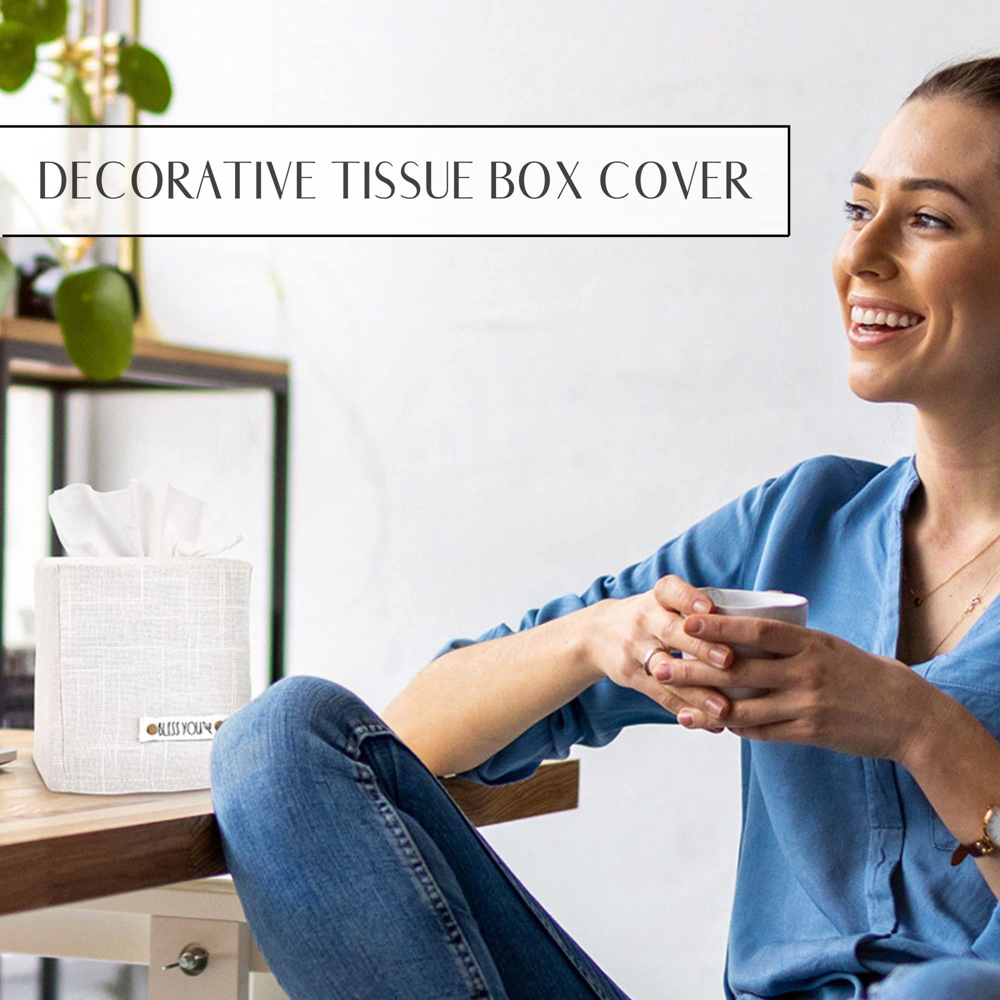 Stylish Tissue Box Cover - This White Linen Holder Instantly Covers Your Square Tissue Boxes - The Perfect Cube Cover For Your B