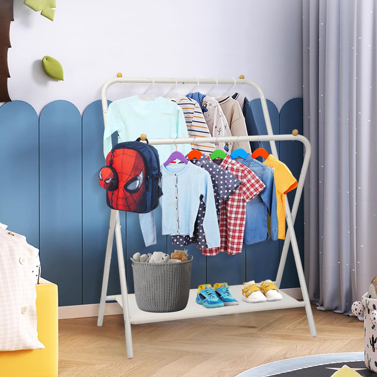 YGJT Kids Clothing Rack 2 Rods, Dress Up Storage for Little Girls with Bottom Storage Shelf, Cute Toddler Wardrobe Cloest Garmen