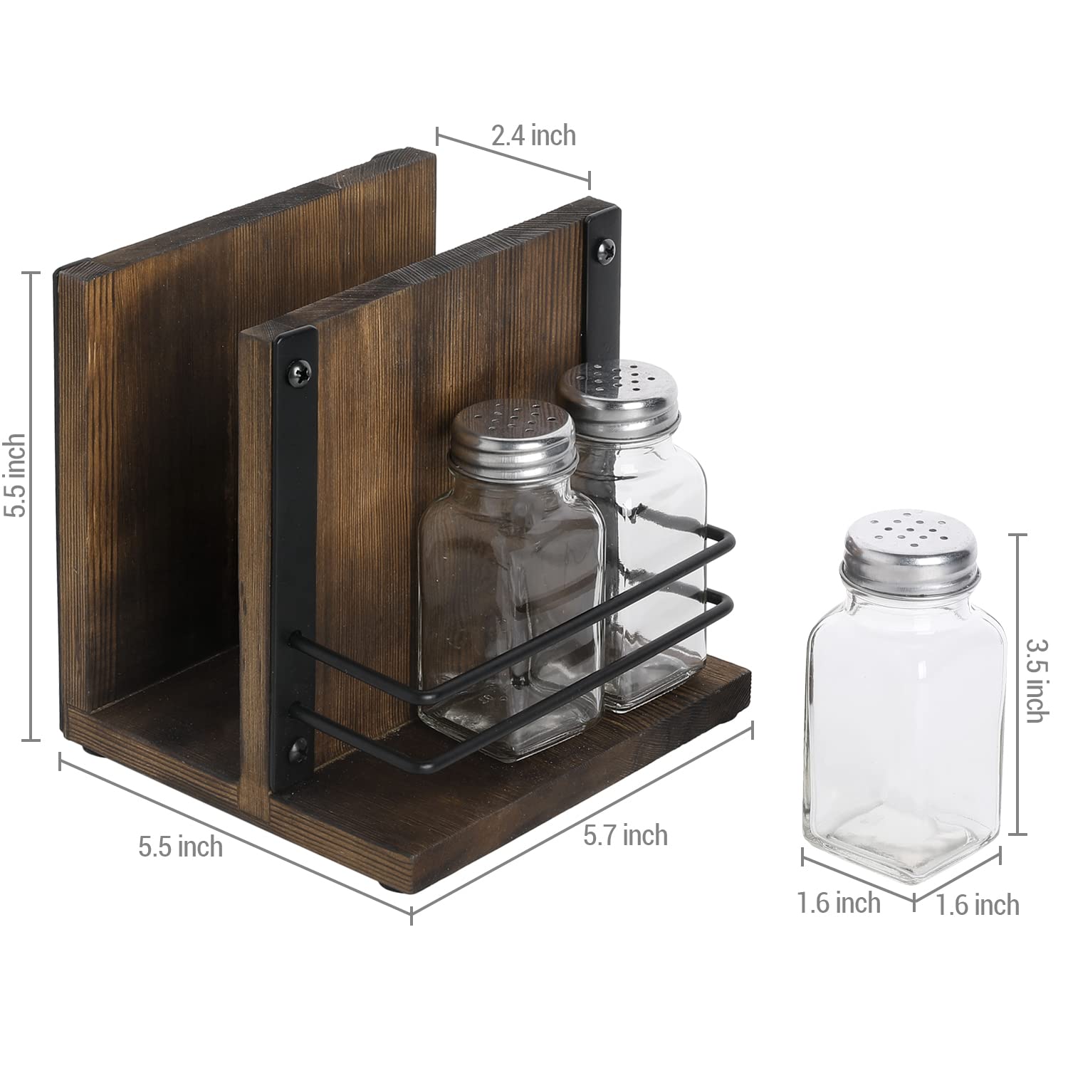 Mygift Rustic Burnt Solid Wood Napkin Holder And Salt & Pepper Caddy, 4 Piece Set Dining Tabletop Napkin Dispenser With Condimen