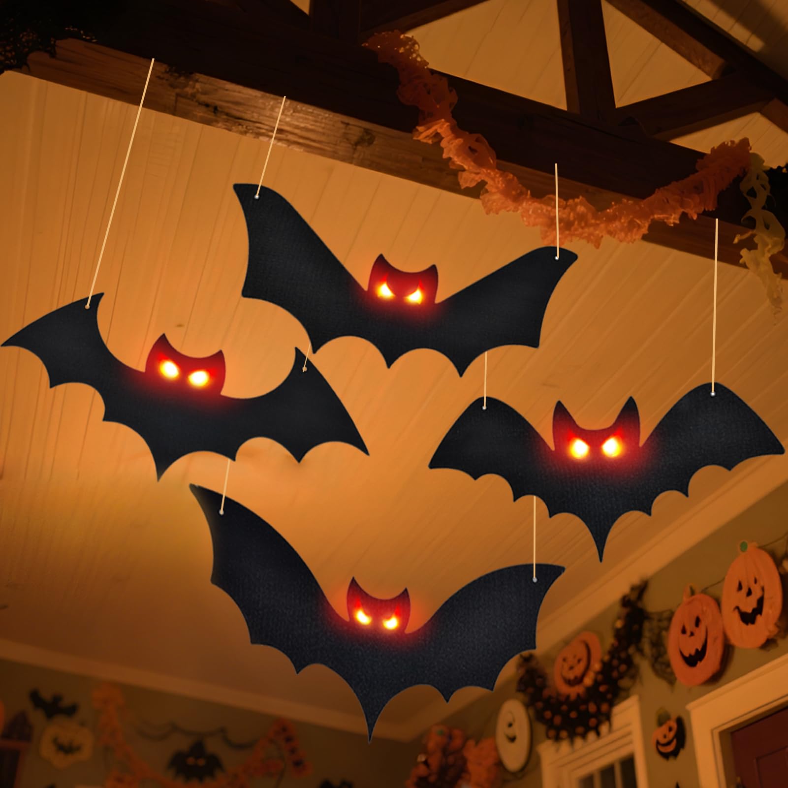 Lighted Halloween Hanging Bats, 4 Packs Halloween Decorations Outdoor Scary Large Black Hanging Flying Bat with LED Lights Spook